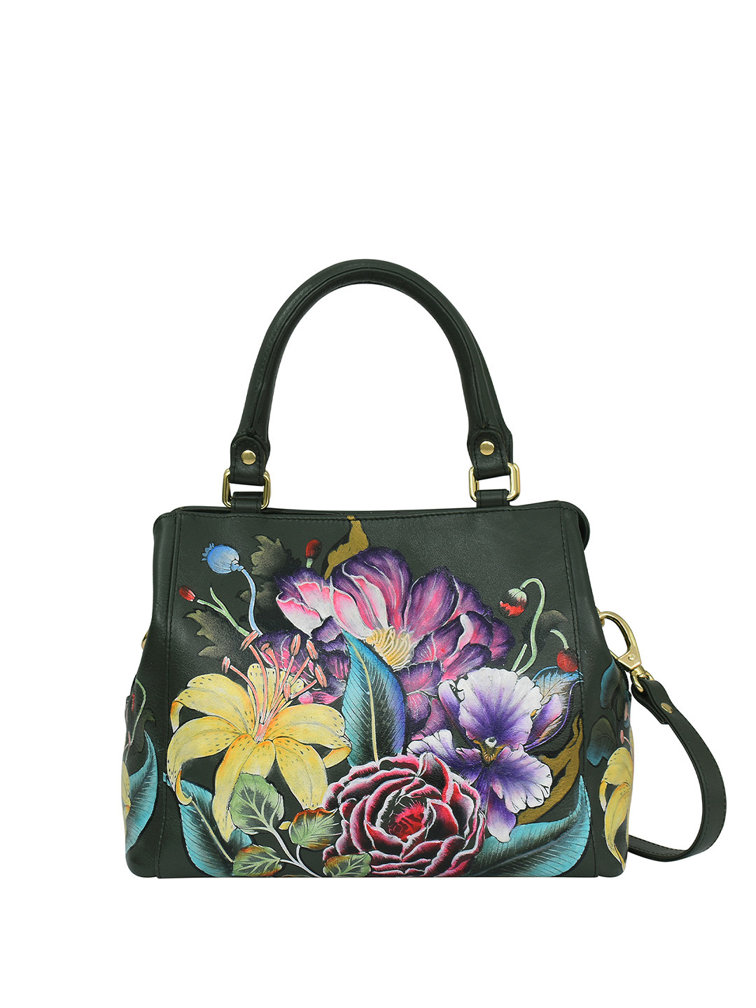 Anuschka Hand Painted Vintage Floral Leather Multi Compartment Satchel