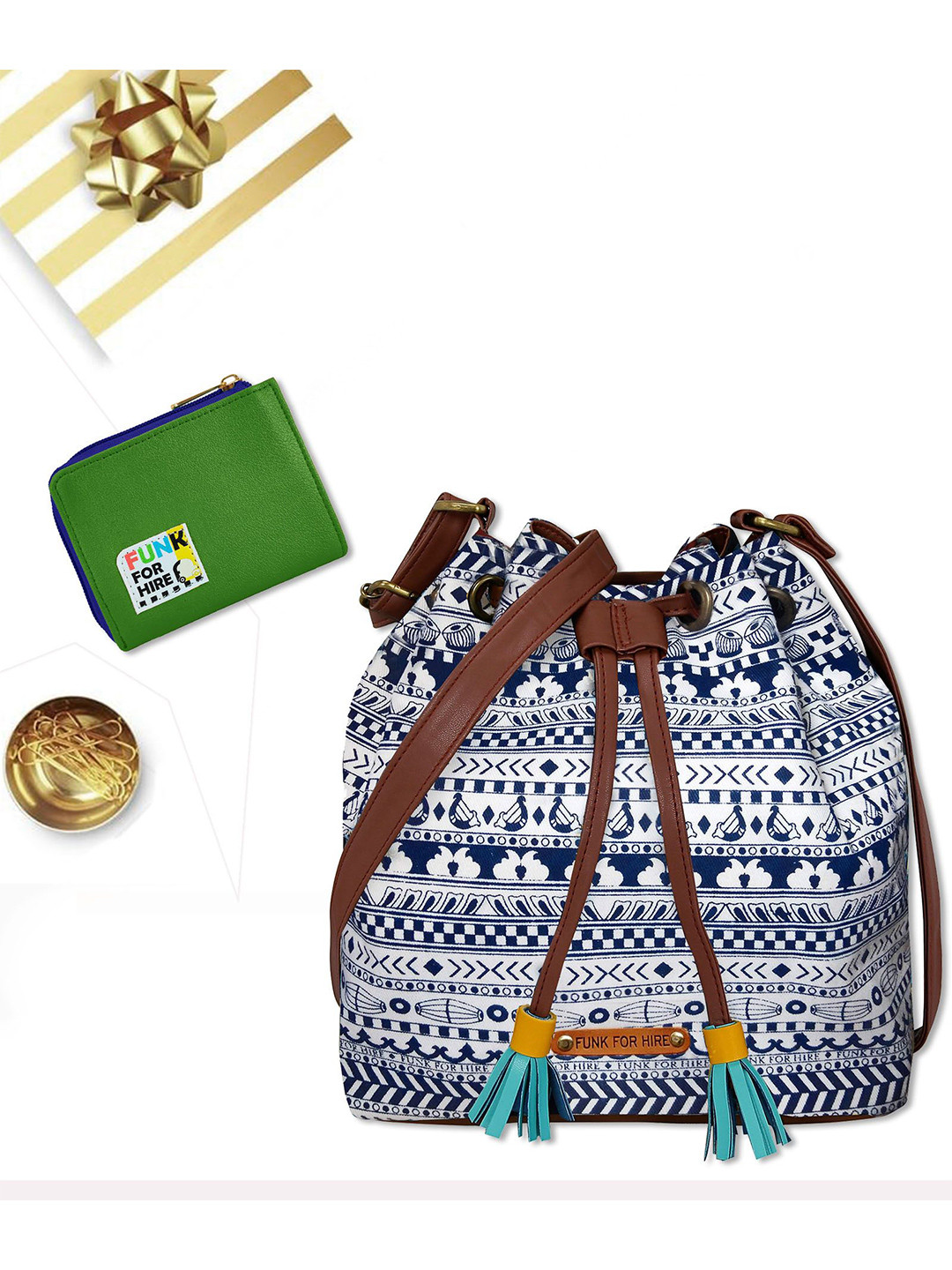 Funk For Hire Geometric Printed Bucket Sling Bag with Tasselled