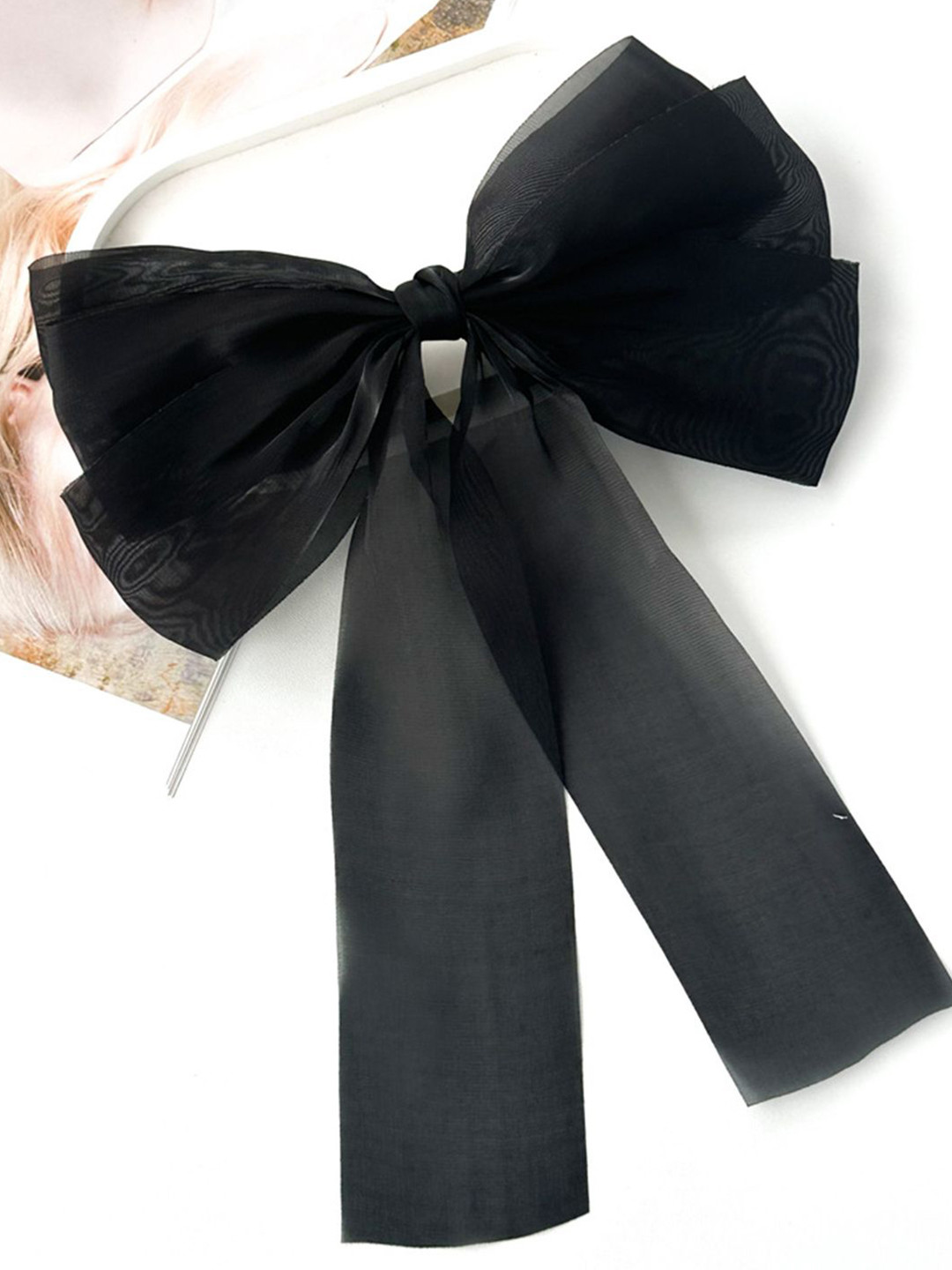 LYKAA Set of 1 Black Big Satin Layered Hair Bow With Tail