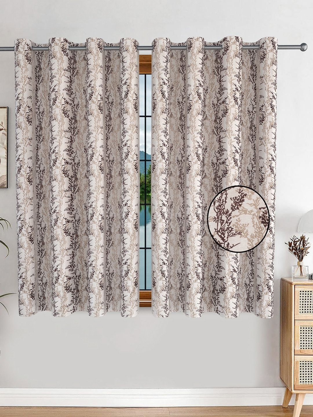 AVI Brown & White Set of 2 Floral Window Curtain