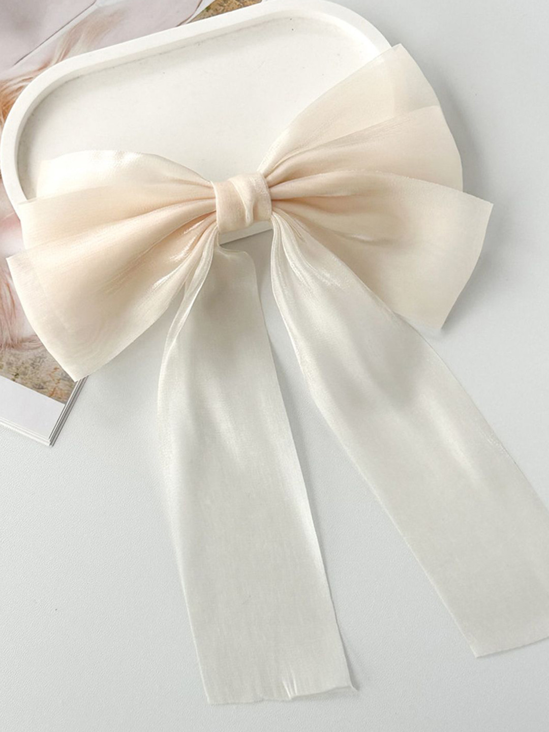 LYKAA Set of 1 White Big Satin Layered Hair Bow With Tail