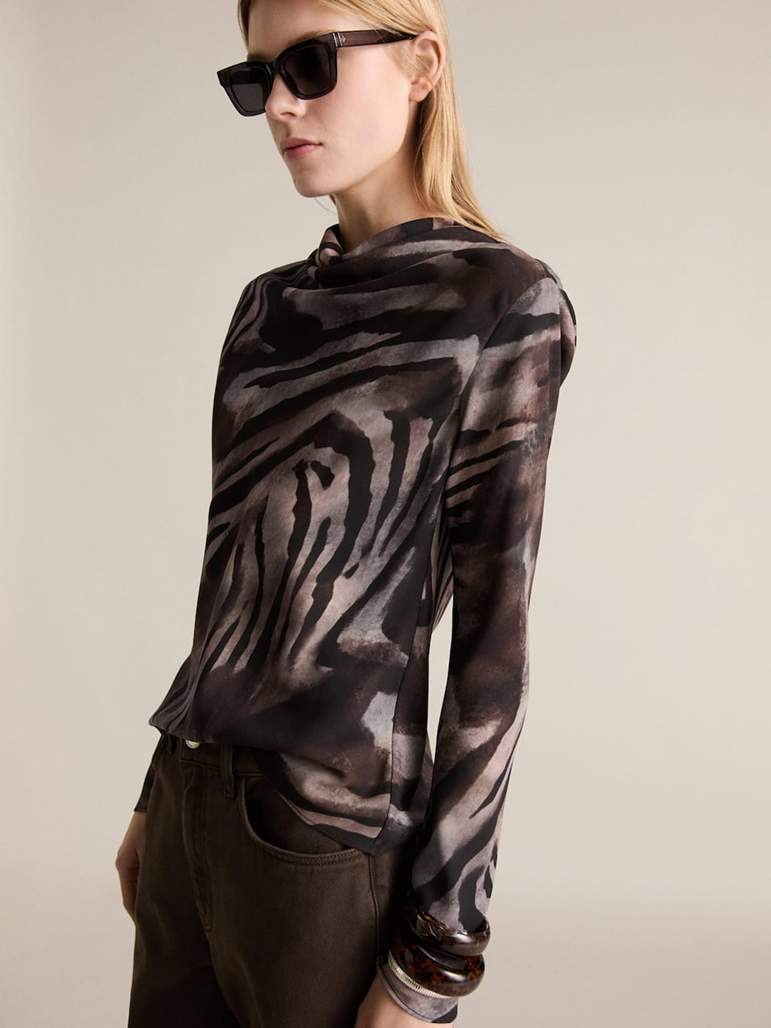 MANGO Zebra Print Cowl Neck Satin Top