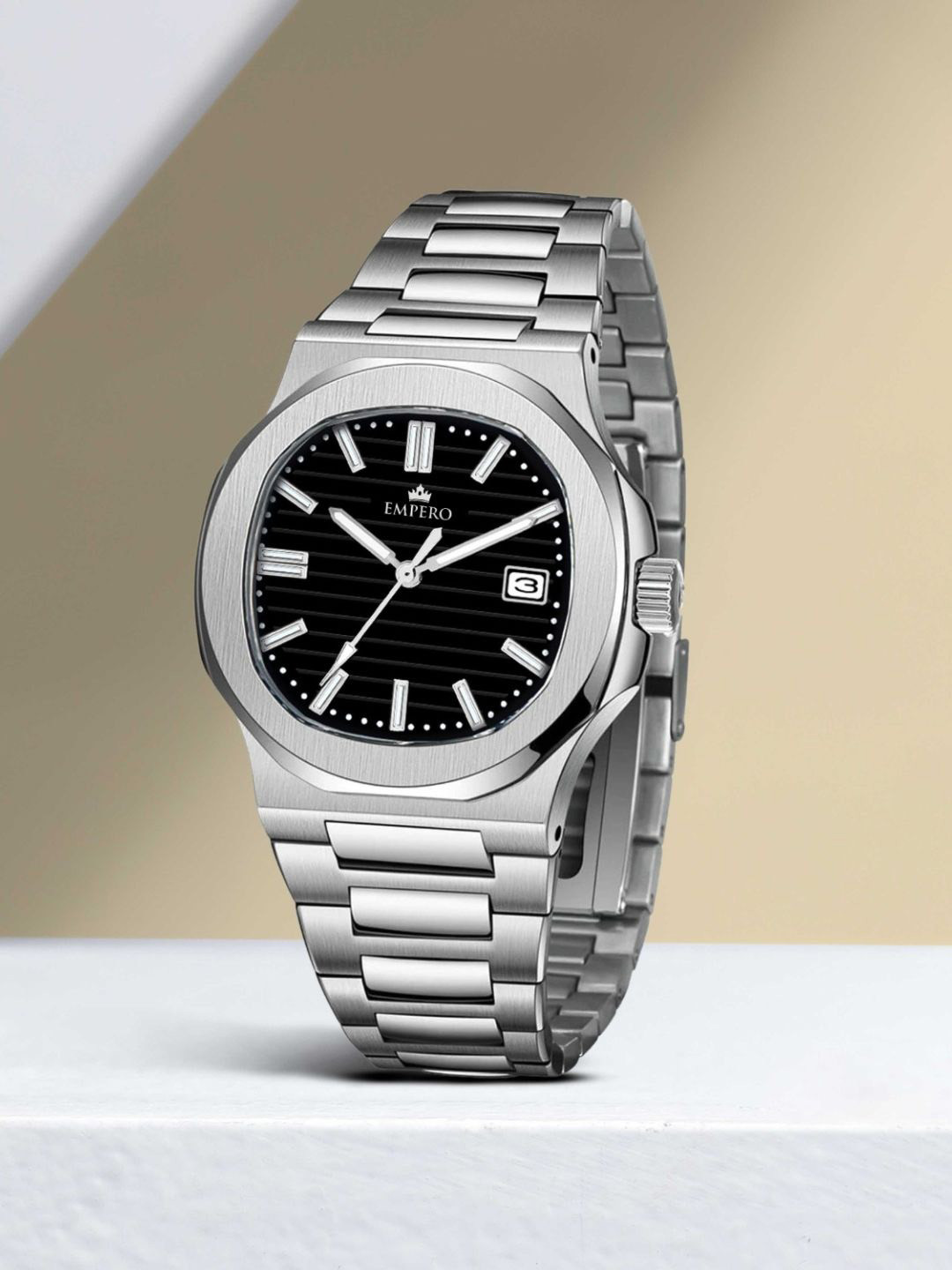 EMPERO Men Brass Skeleton Dial & Stainless Steel Straps Analogue Multi Function Watch EAB213 Black Dial