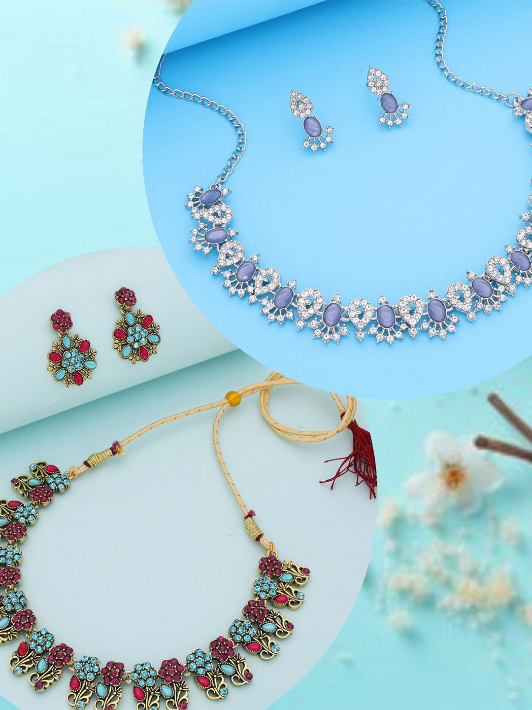 DIVASTRI Set Of 2 Gold-Plated Stone Studded Jewellery Sets