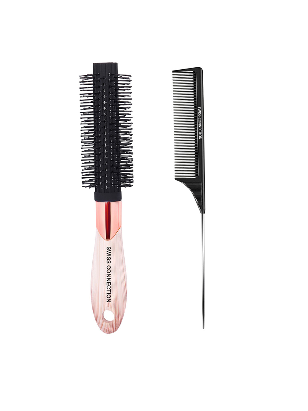 Swiss Connection Unisex Set Of 2 Premium Roller Hair Brush & Tail Comb - 132 & 126 Black