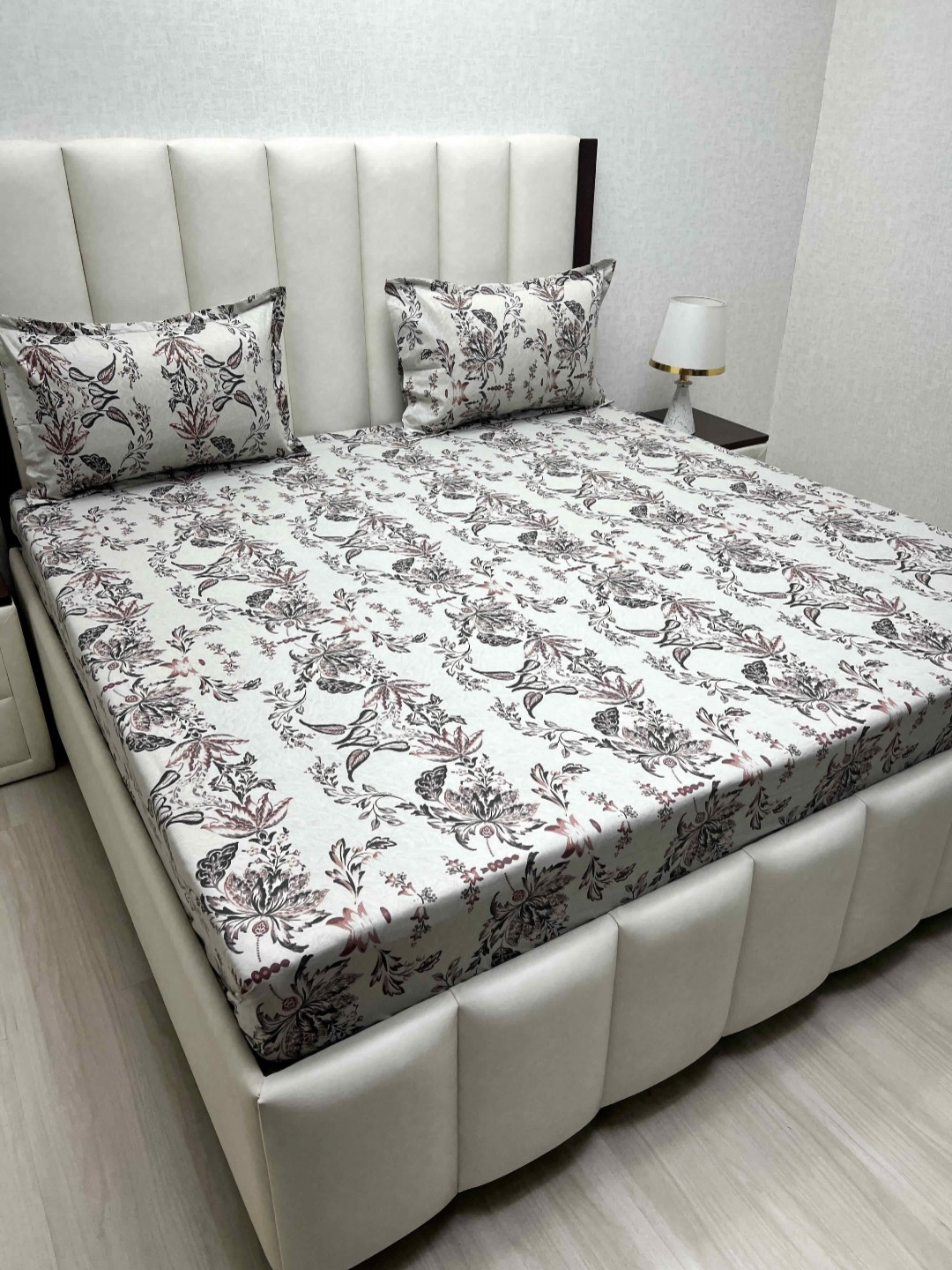 Pure Decor Ruby Brown Floral Cotton 180 TC Fitted King Fine Bedsheet with 2 Pillow Covers-108 x 108 inches