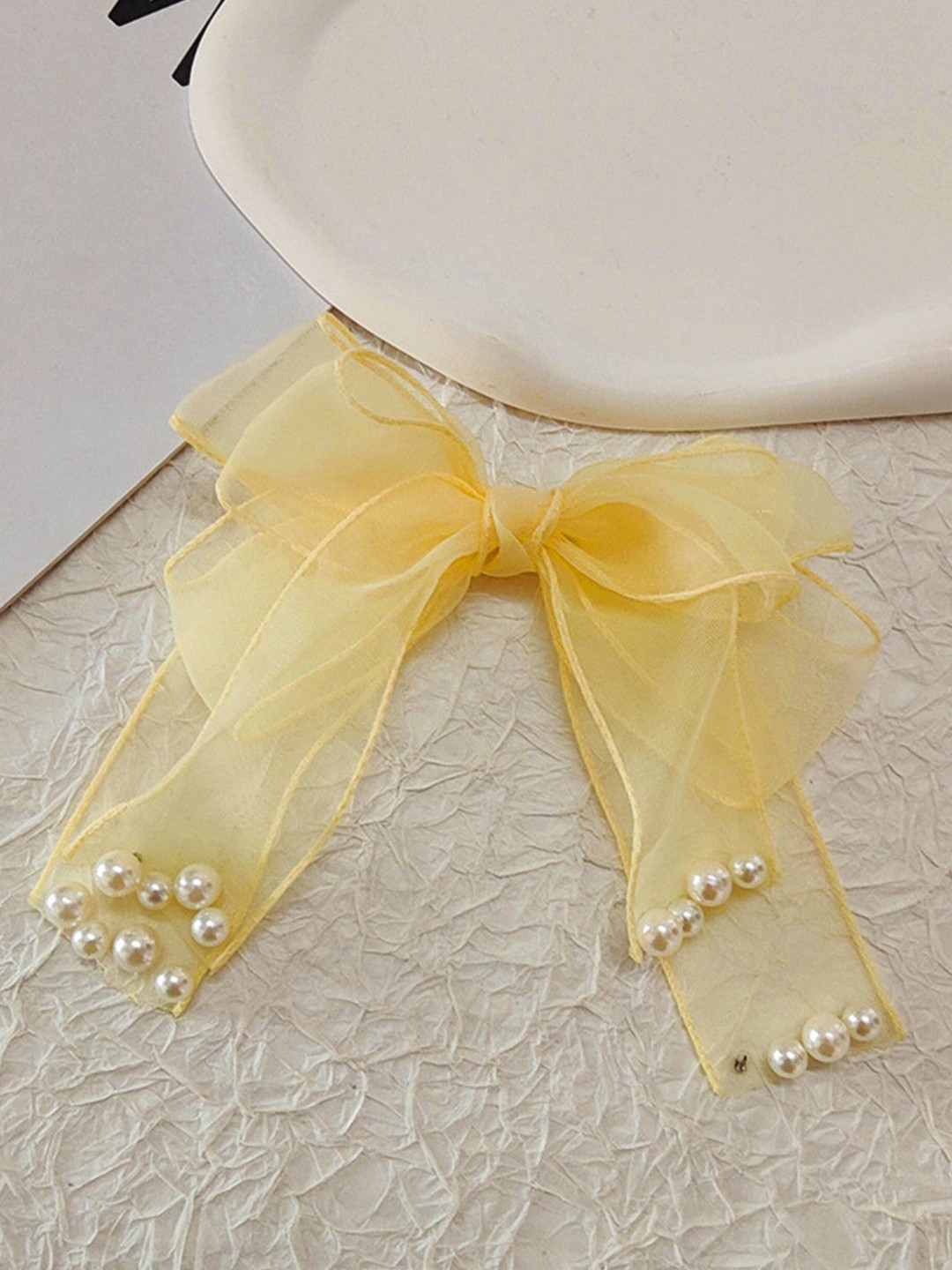 LYKAA Set of 1 Yellow Hair Ribbon Pearl Bow with Alligator Clip