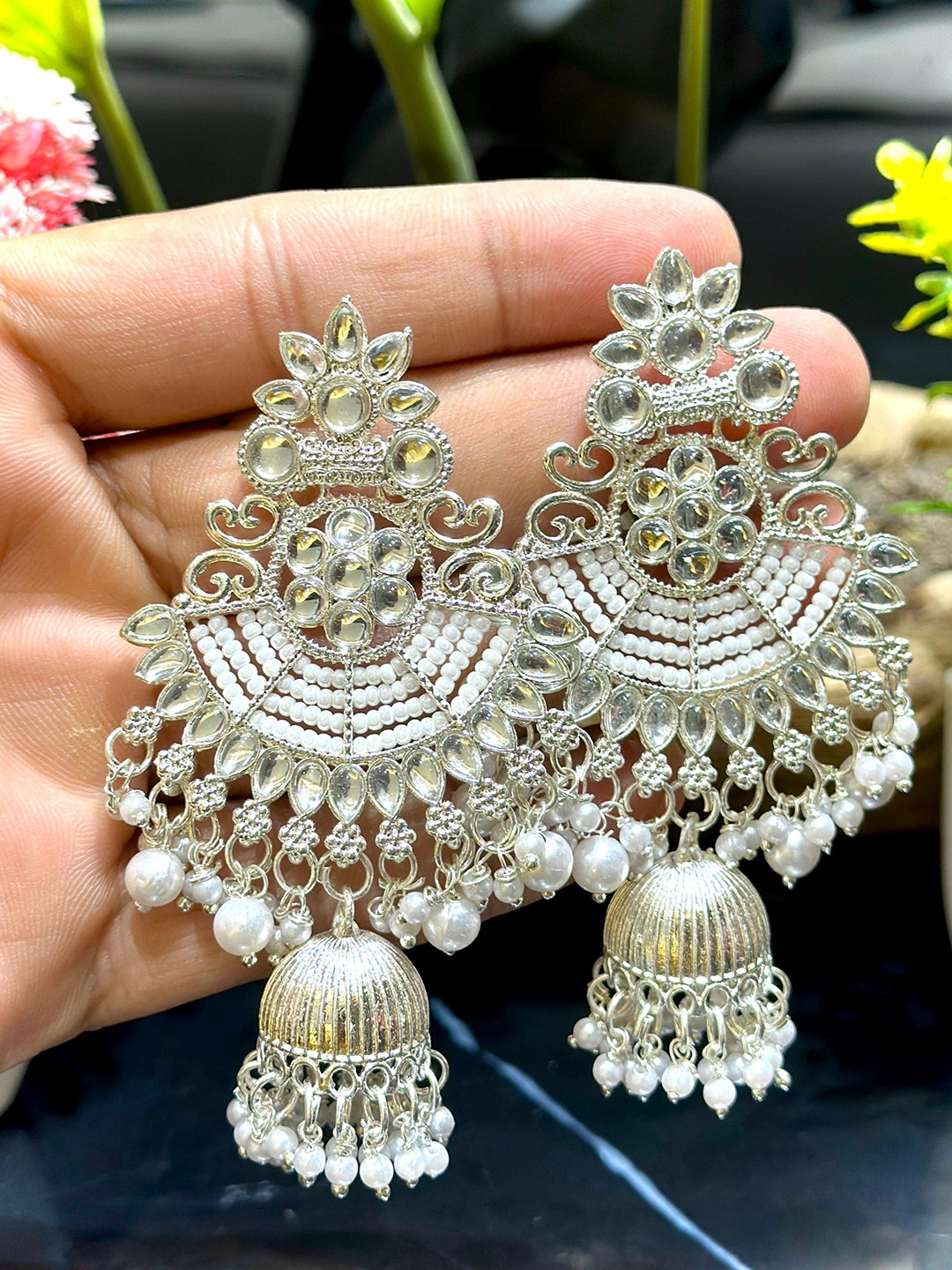 Anouk Bridal Rhodium Plated Artificial Stones and Beads Contemporary Jhumkas Earrings
