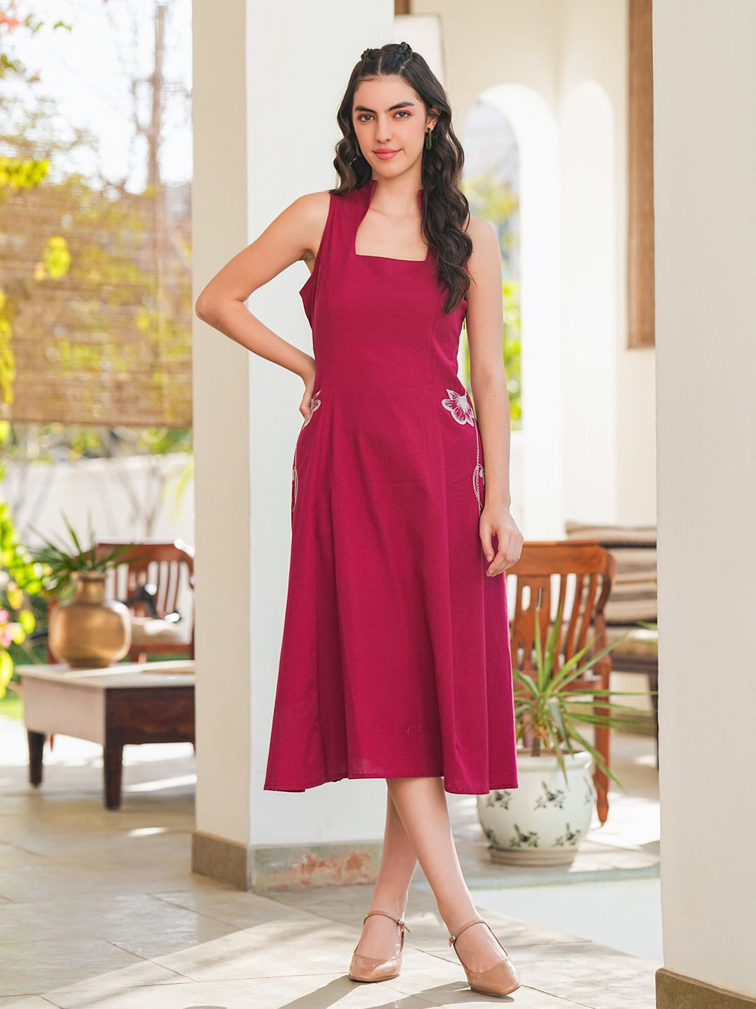 JISORA Women's Pink Embroidered Cotton Flex Midi A-Line Dress