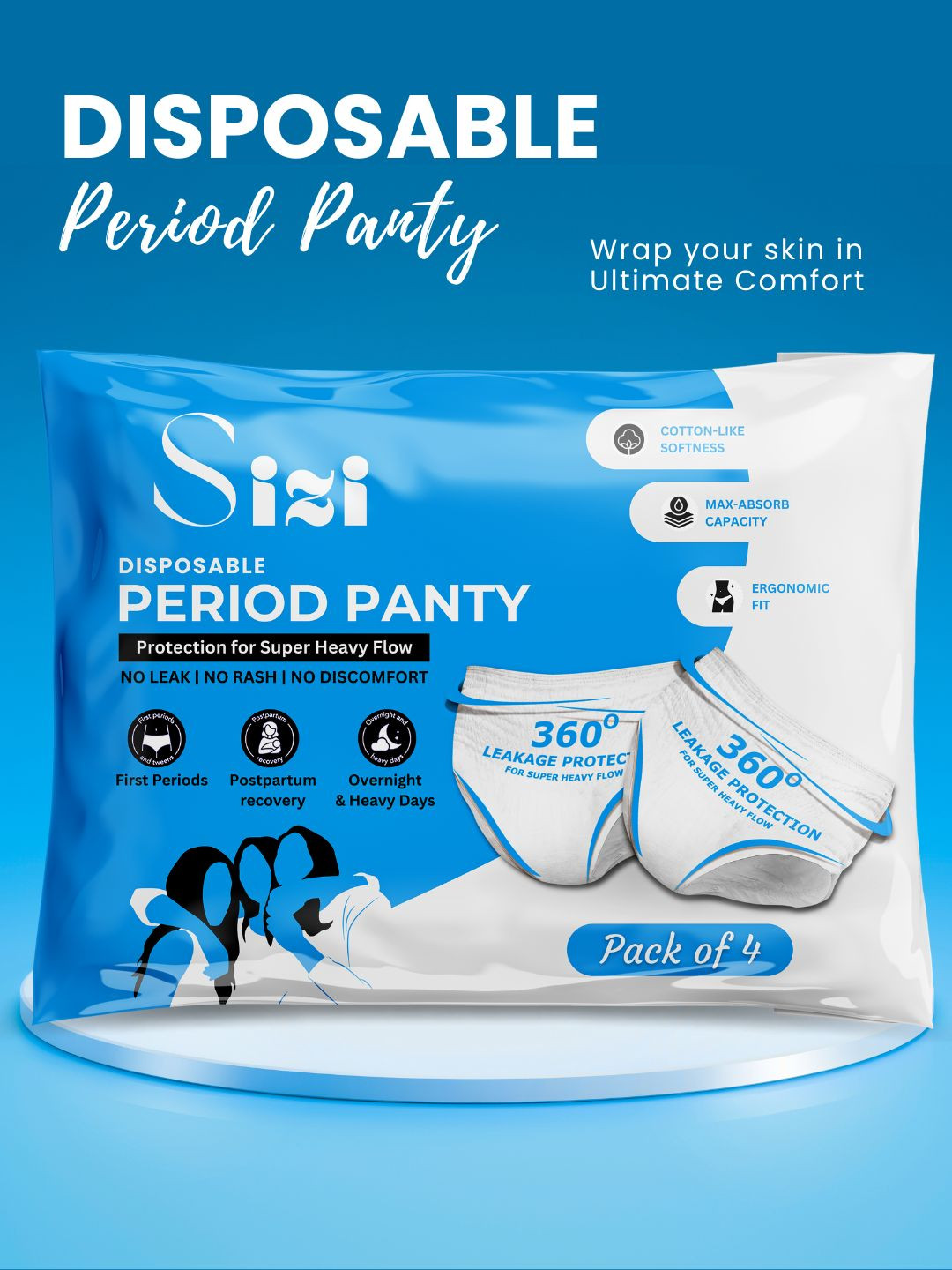 Sizi Disposable Leak Proof Overnight Protection Cotton Period Panty 4 Pads