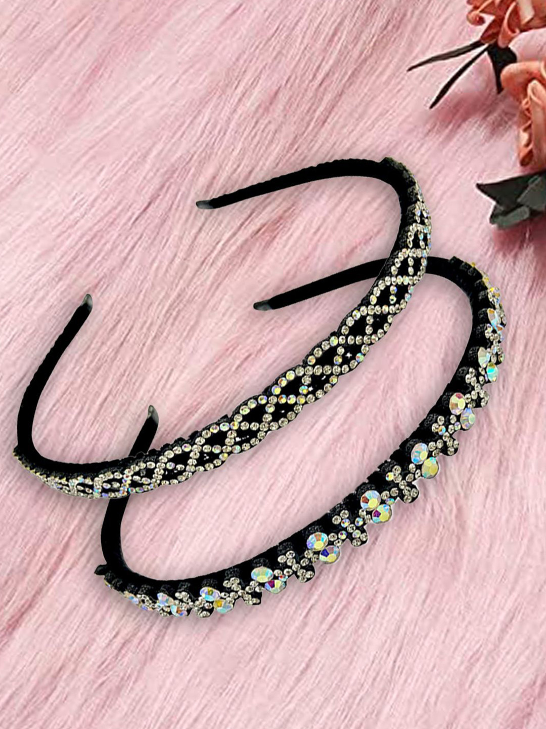 LYKAA Set of 2 Black Crystal Rhinestone Velvet Headbands