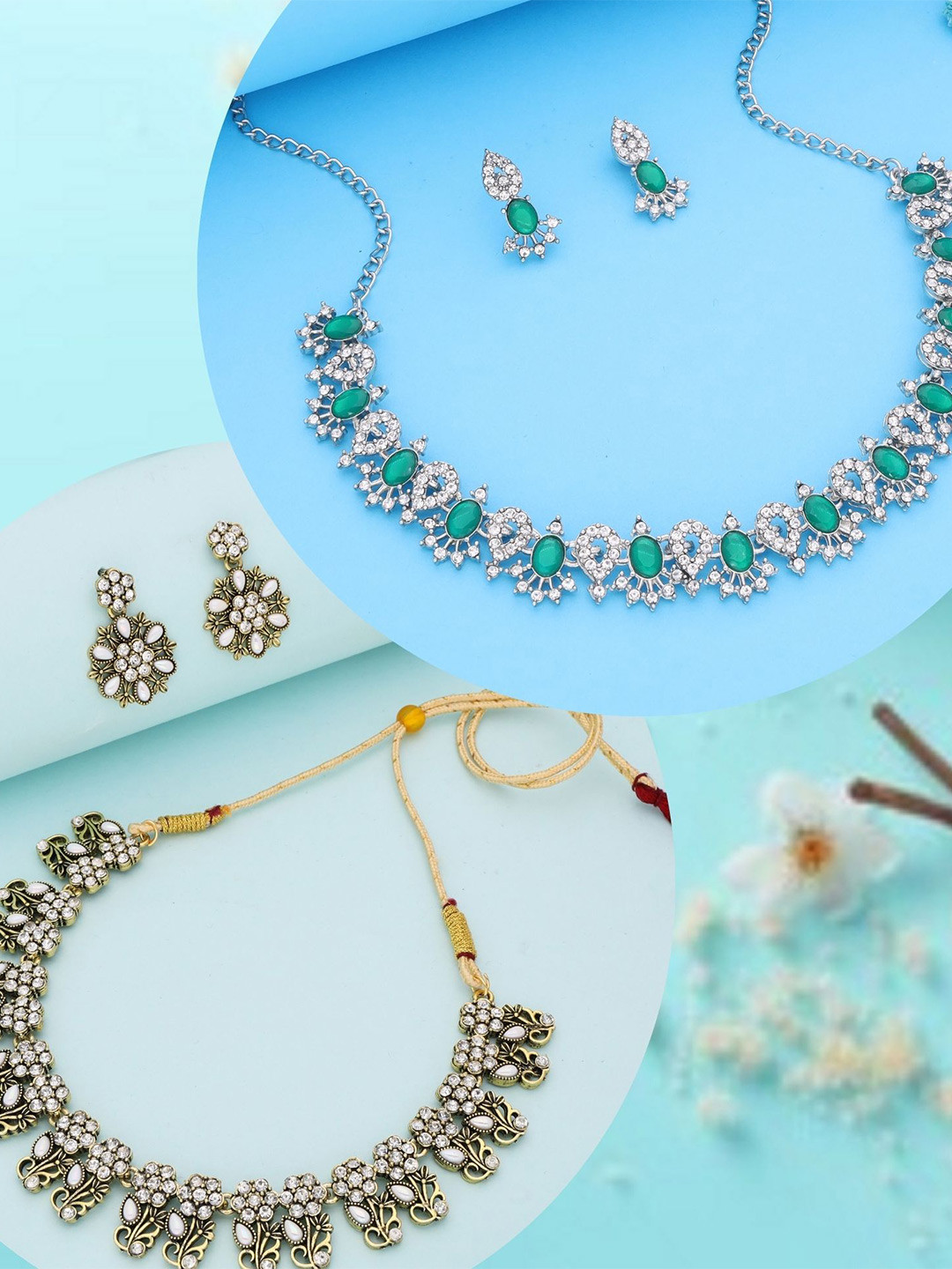 DIVASTRI Set Of 2 Gold-Plated & Sliver-Plated American Diamond-Studded Jewellery Set