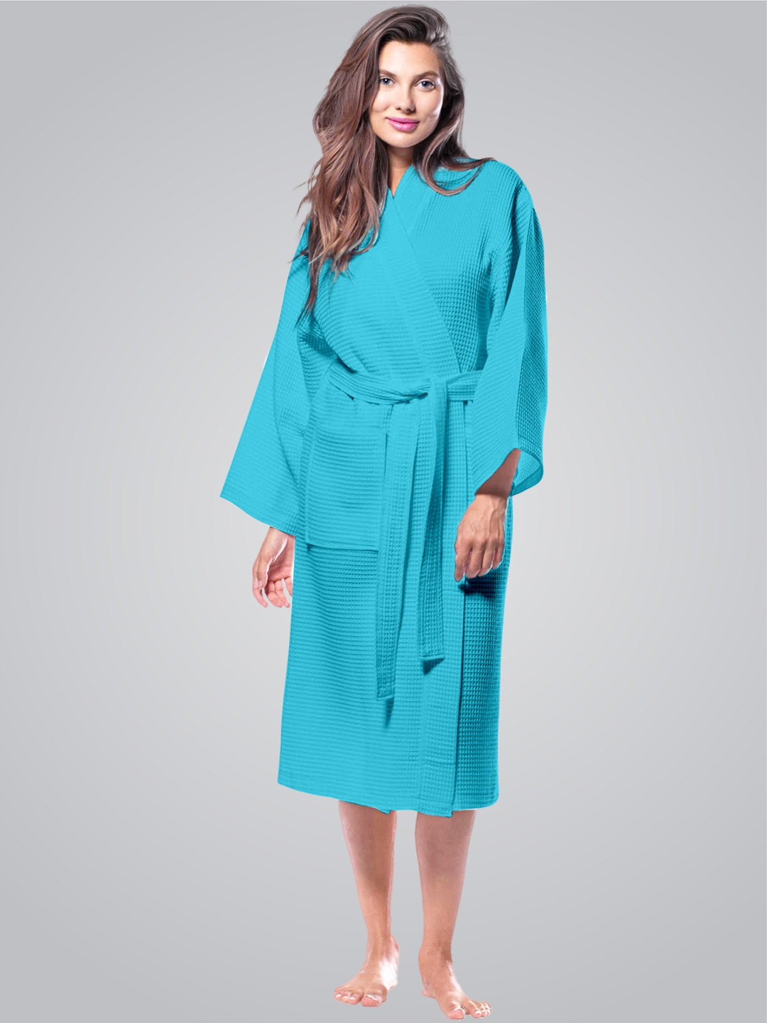Enchant Home Turquoise Blue Self Design Cotton Drawstring Midi Bath Robe