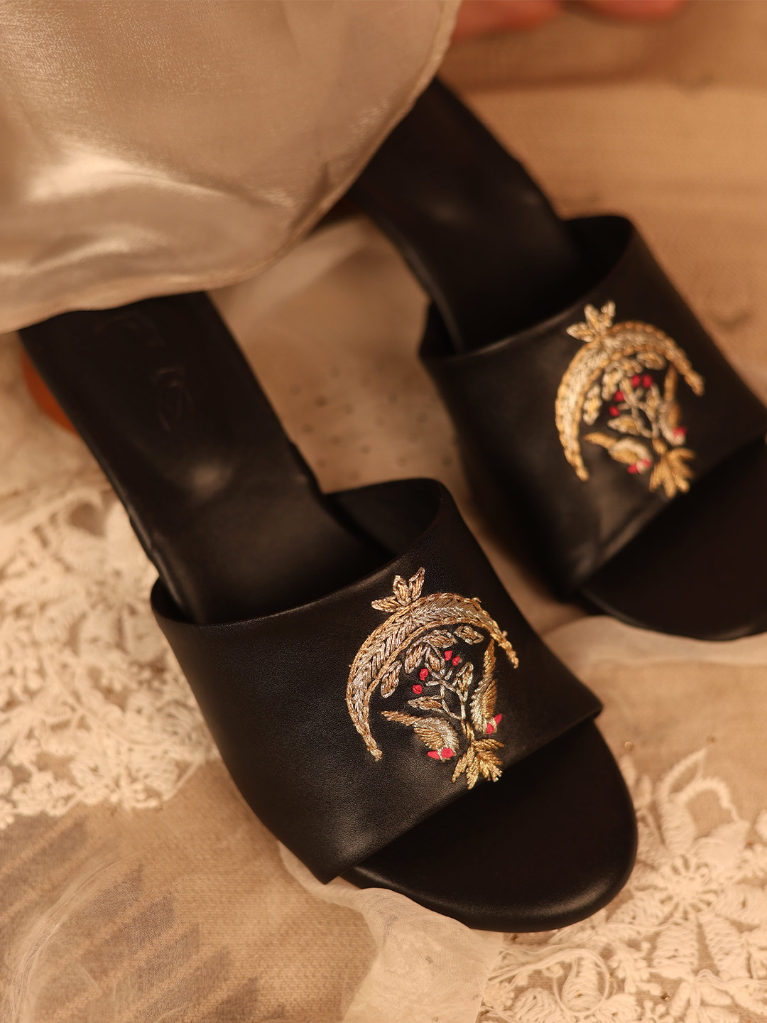 BIRDHOUSE Chand Women Black Zari Birds Moon Motif Heels