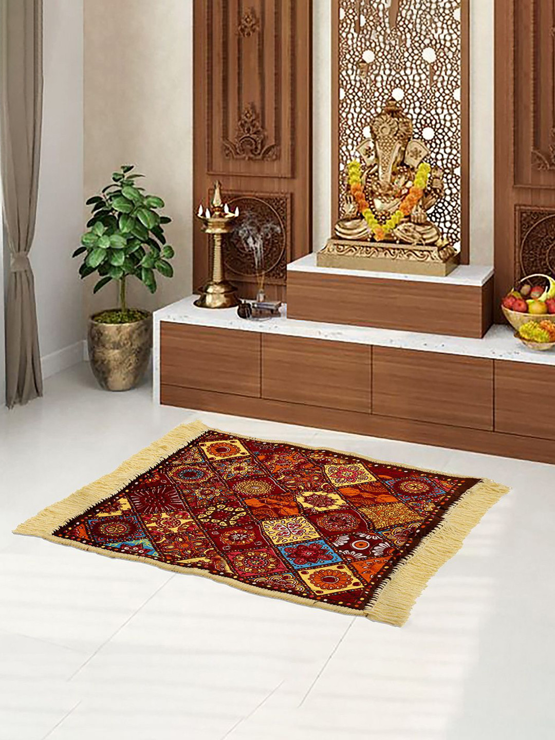 Kuber Industries Blue & Maroon Printed Velvet Square Prayer Mat