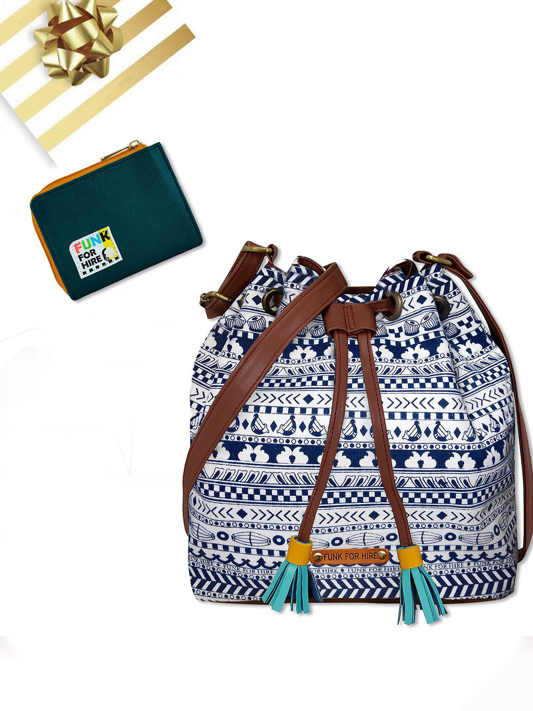 Funk For Hire Geometric Printed Bucket Sling Bag with Tasselled