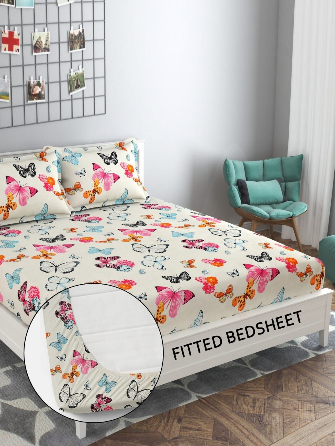 DECENT HOME Glace White Floral Polycotton 220 TC Fitted Queen Fine Bedsheet with 2 Pillow Covers-87 x 93 inches