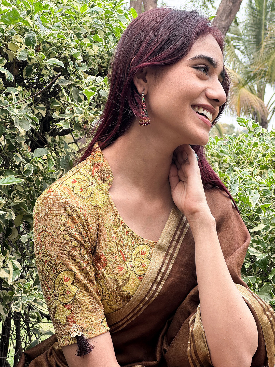 Bindigasm's Advi Printed High Neck Collar Tassel Stretchable Slip-On Saree Blouse