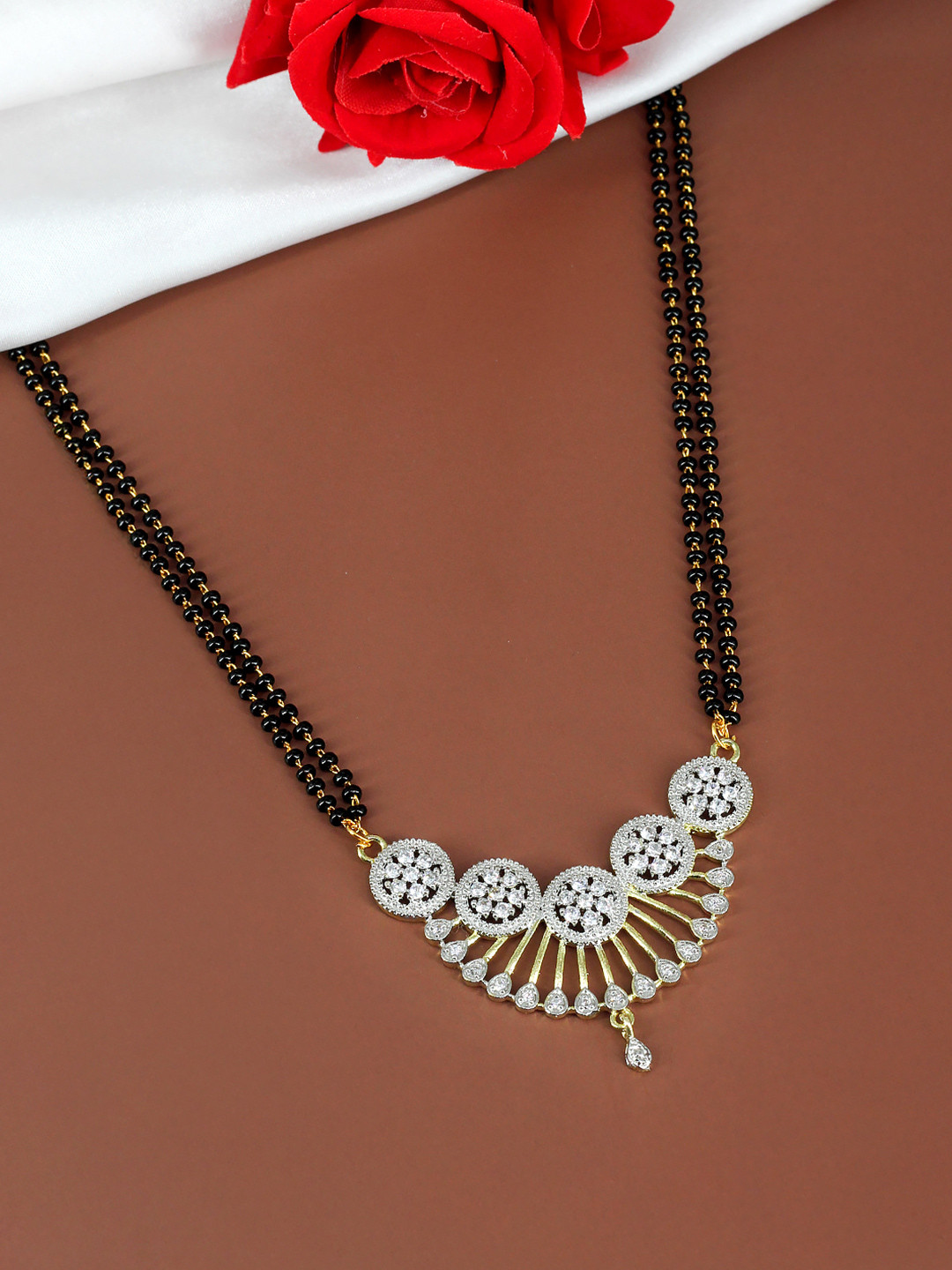 PRIVIU Gold-Plated American Diamond Studded And Beaded Floral Shaped Mangalsutra