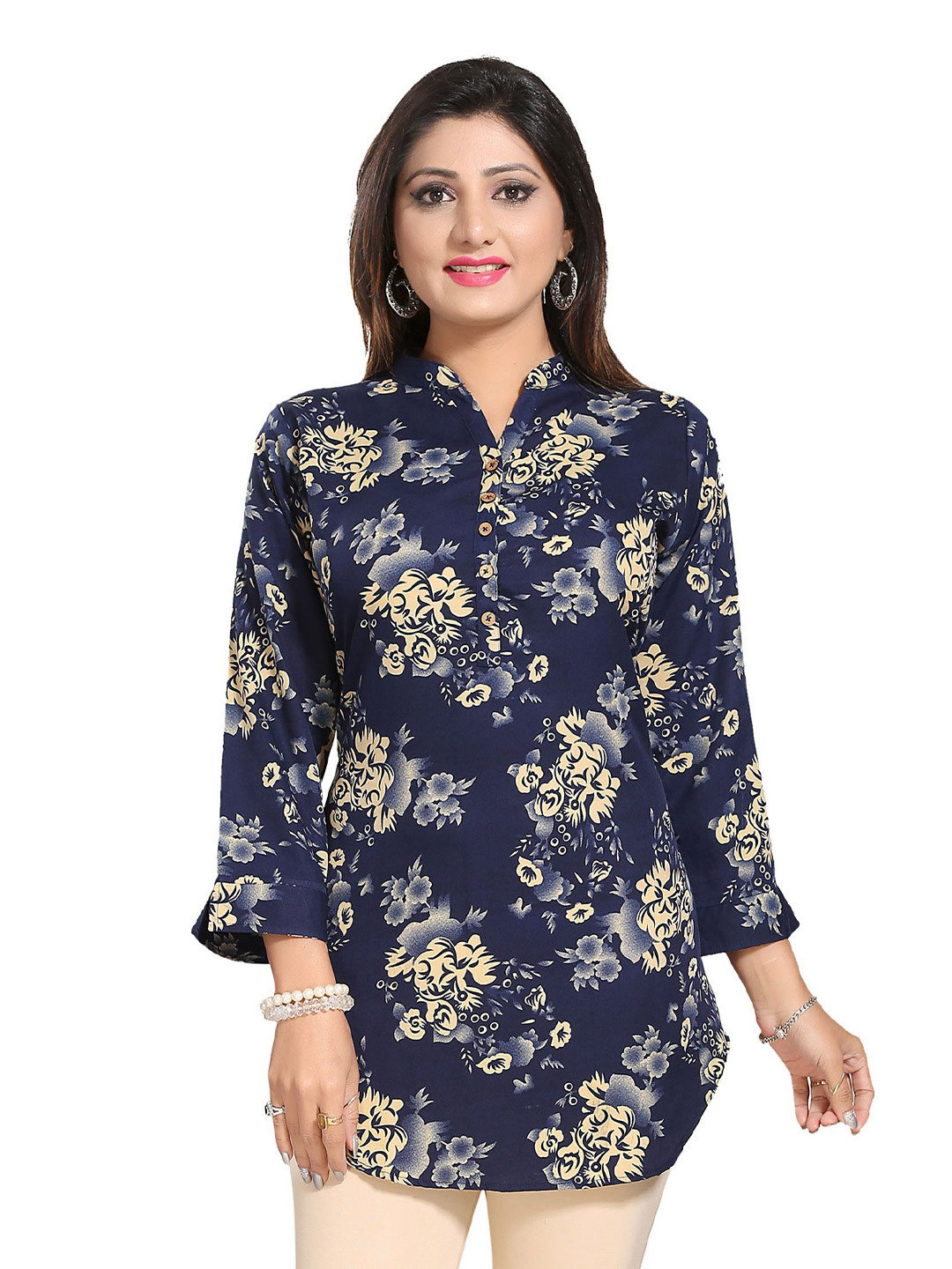 Meher Impex Floral Print Mandarin Collar Crepe Top