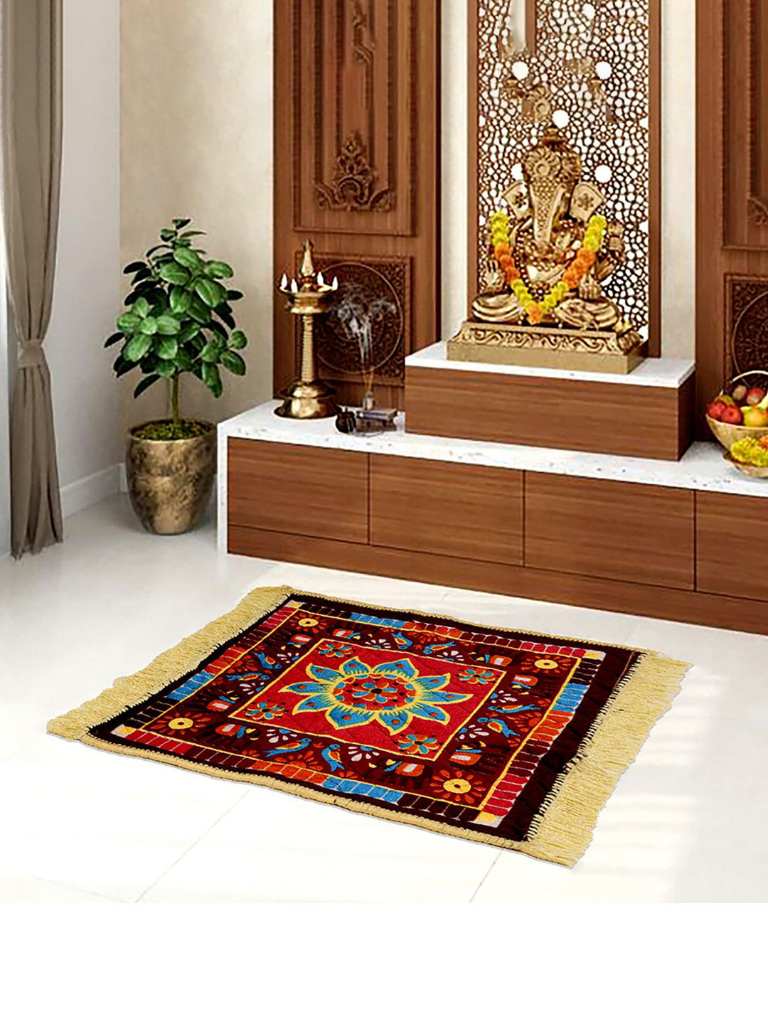 Kuber Industries Blue & Maroon Printed Velvet Square Prayer Mat