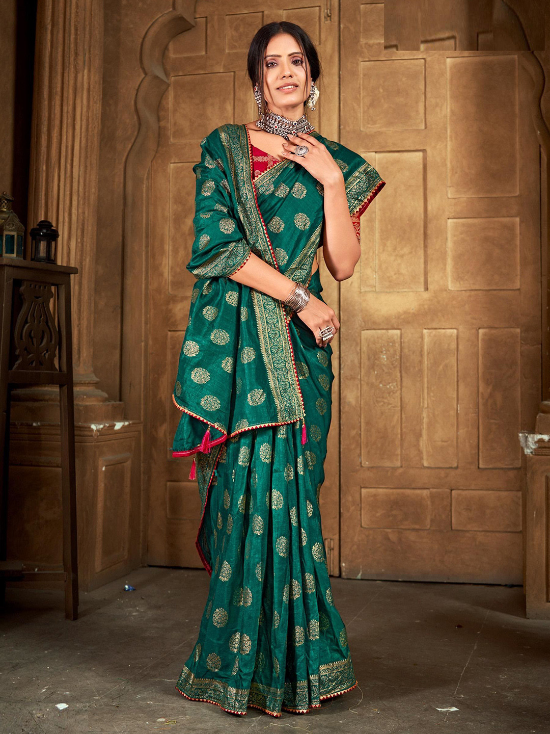Reboot Fashions Floral Zari Silk Blend Bhagalpuri Saree