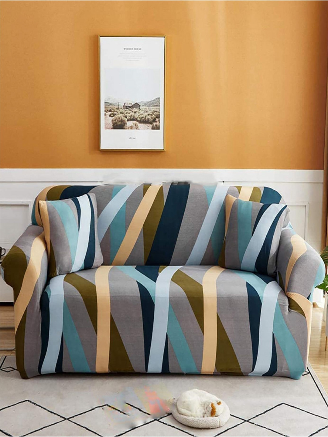 HOUSE OF QUIRK Three Seater Grey Melange & Blue Solid Polyester Sofa Cover With Arms