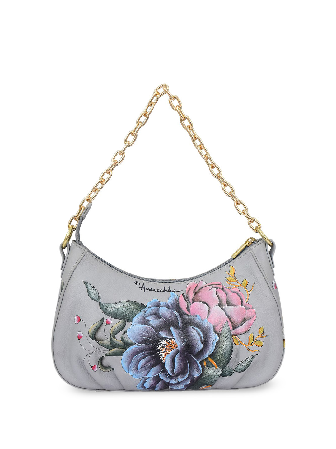 Anuschka Hand PaintedEthereal Garden Leather Ruched East West Hobo With Chain