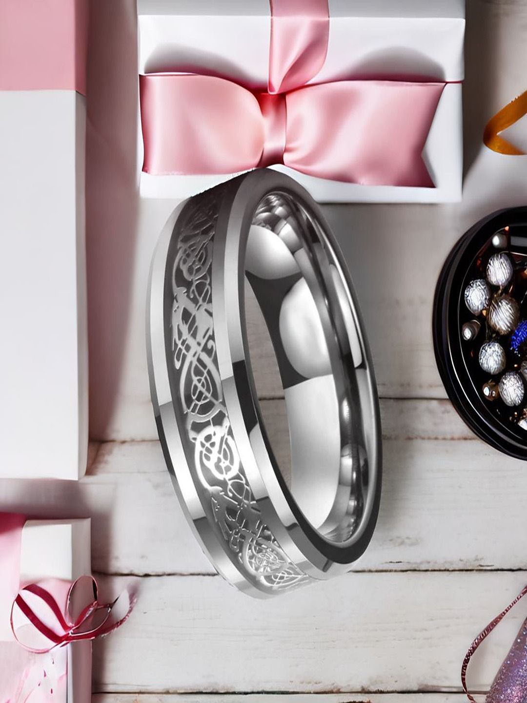 The Roadster Lifestyle Co Men Rhodium-Plated  Dragon Design Band Ring