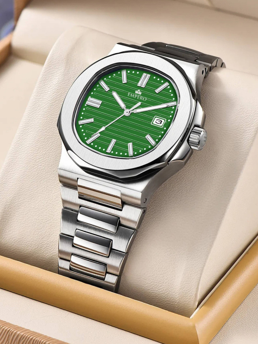 EMPERO Men Brass Skeleton Dial & Stainless Steel Straps Analogue Multi Function Watch EAB213 Green Dial