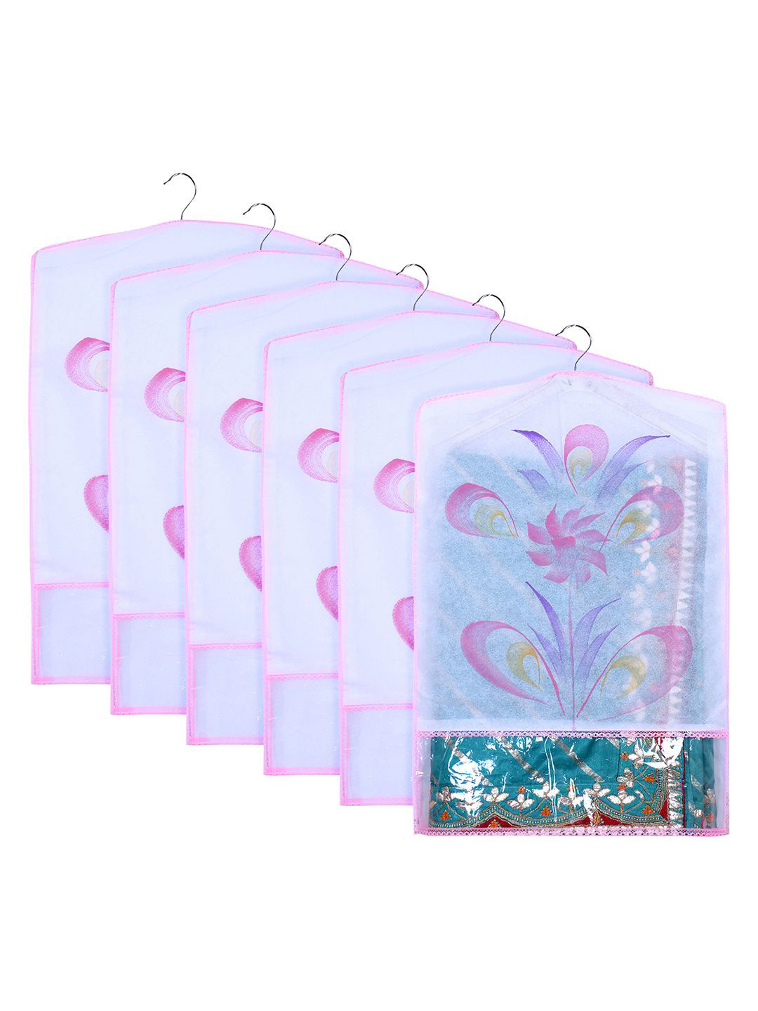Kuber Industries Pink & Transparent Set of 6 Printed Hanging Saree Covers