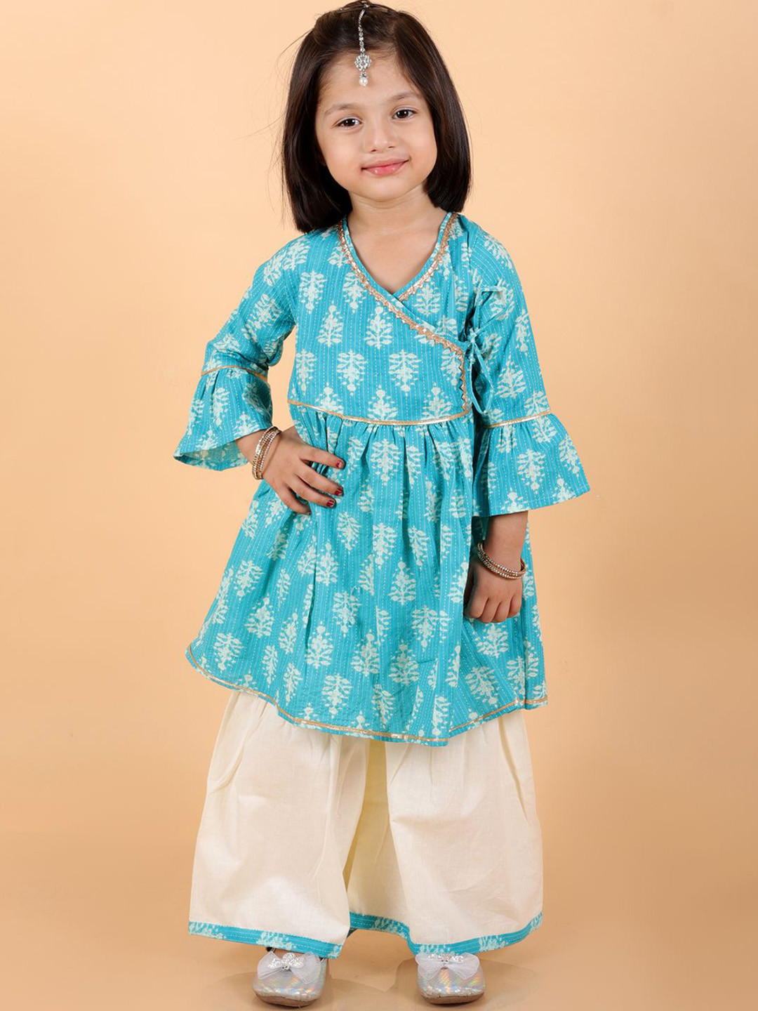 MoMaa Girls Floral Printed Angrakha Gotta Patti Pure Cotton Kurti with Sharara