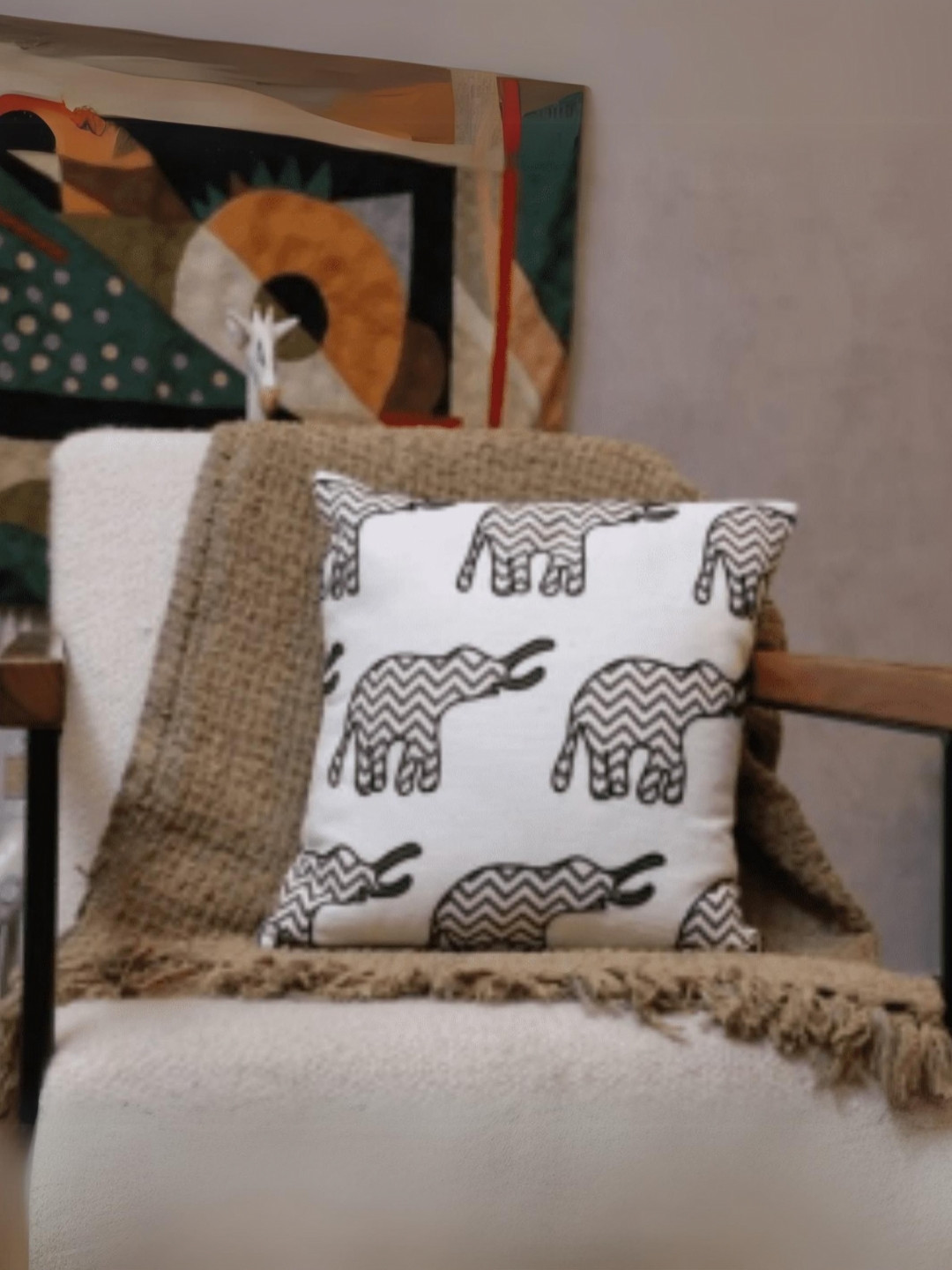 LUSHLYF Chevron Elephant Embroidered Ethnic Motifs Cotton Washable Cushion Cover - 16x16In