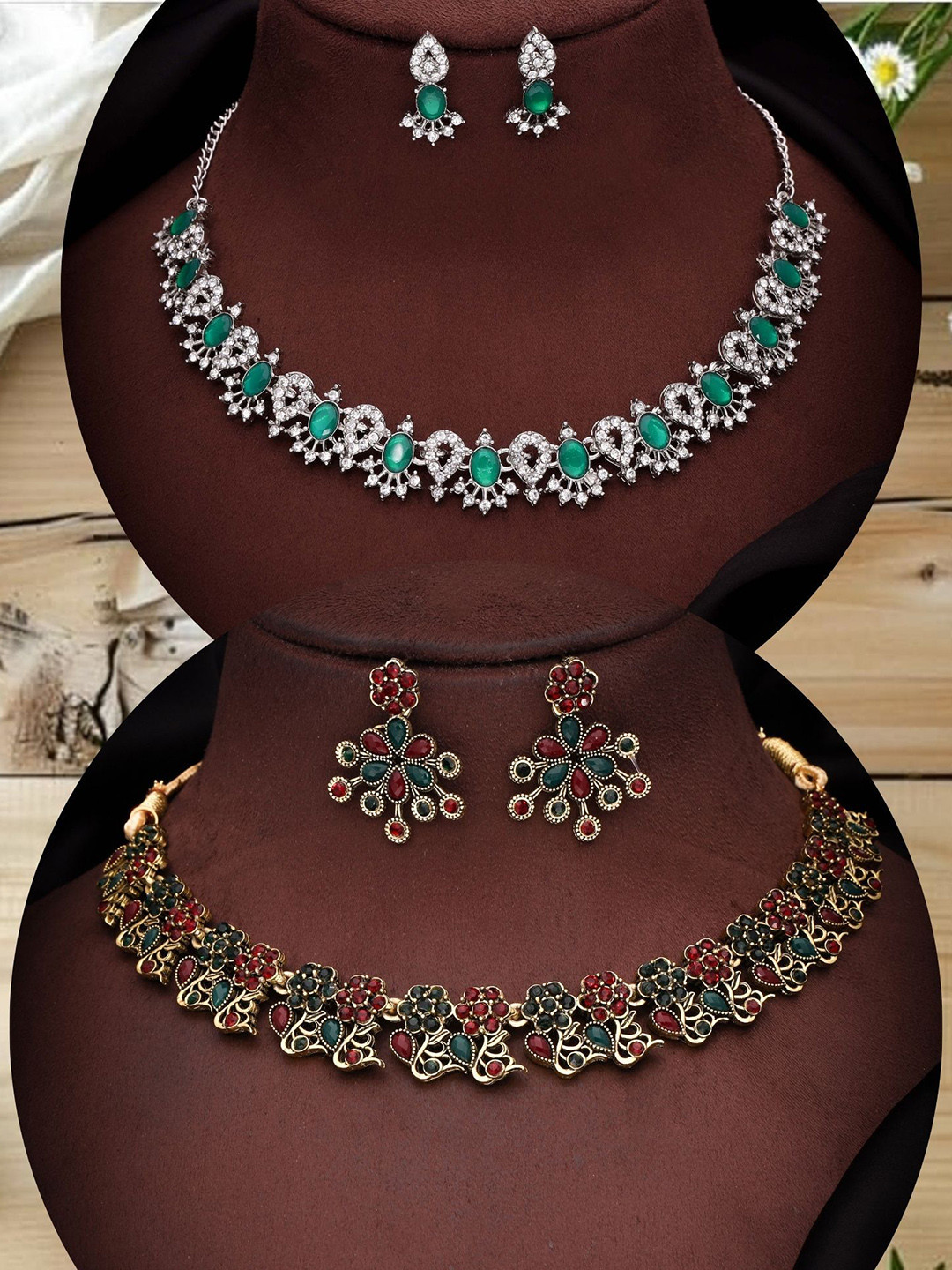 DIVASTRI Pack Of 2 Gold Plated American Diamond Jewellery Sets