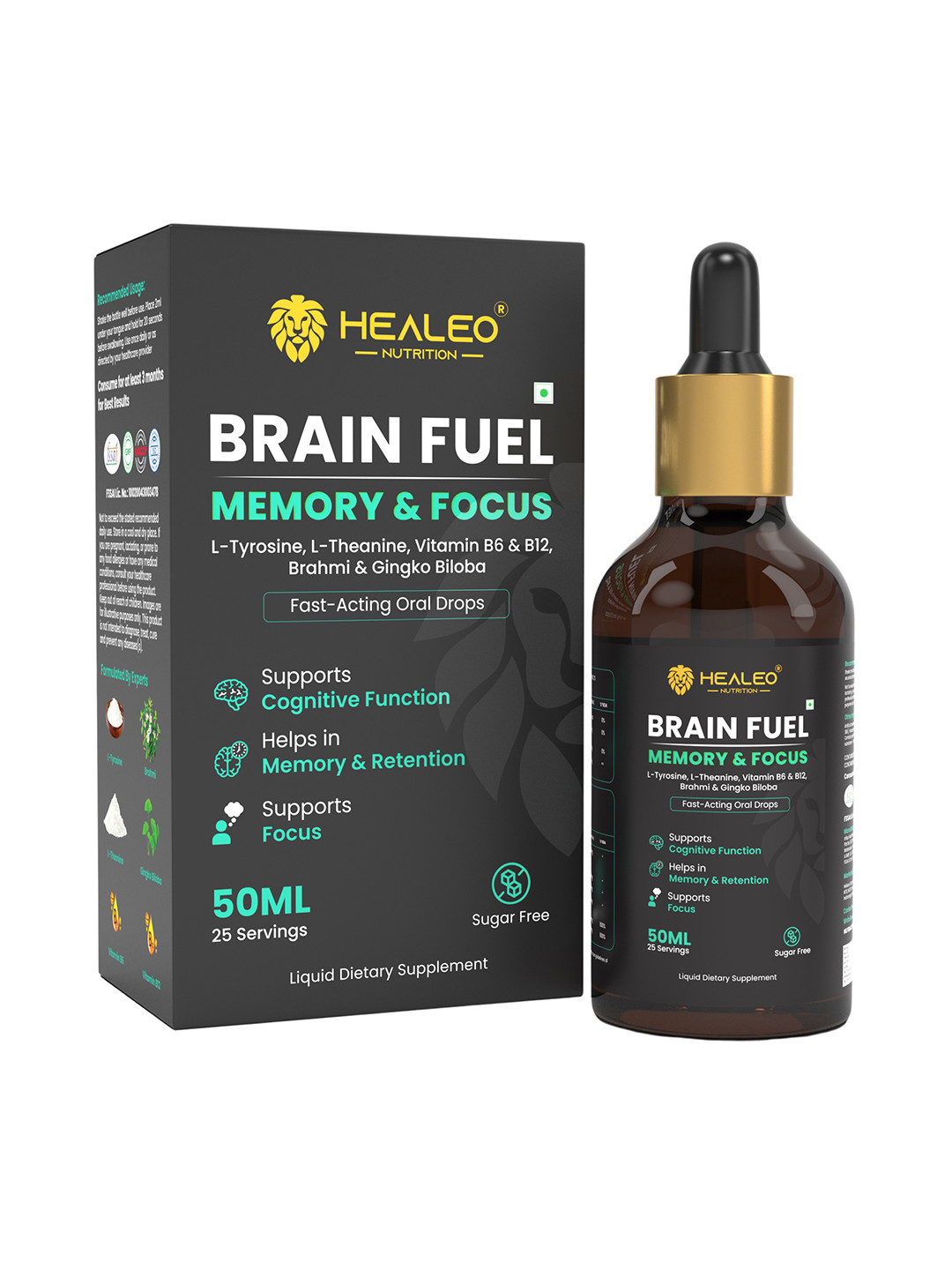 Healeo Nutrition Brain Fuel Drops With Ginkgo, Brahmi & L-Theanine - 50 ml