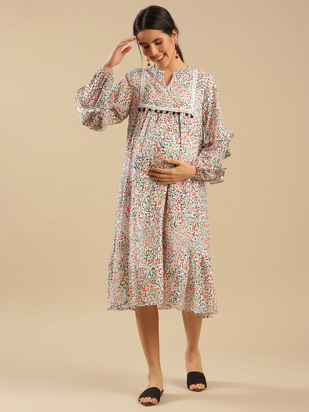 Shades of Sabi Floral Print Georgette A-Line Midi Maternity Dress