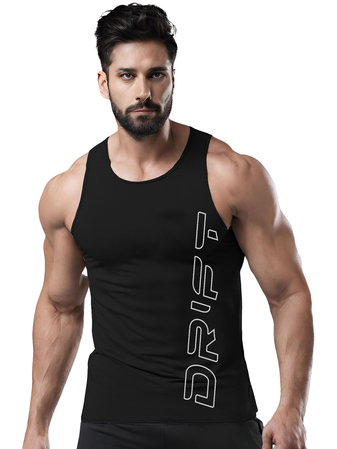 3Colors Printed Round Neck Gym Vest VEST-NCUT-DRIFT-BLK_M
