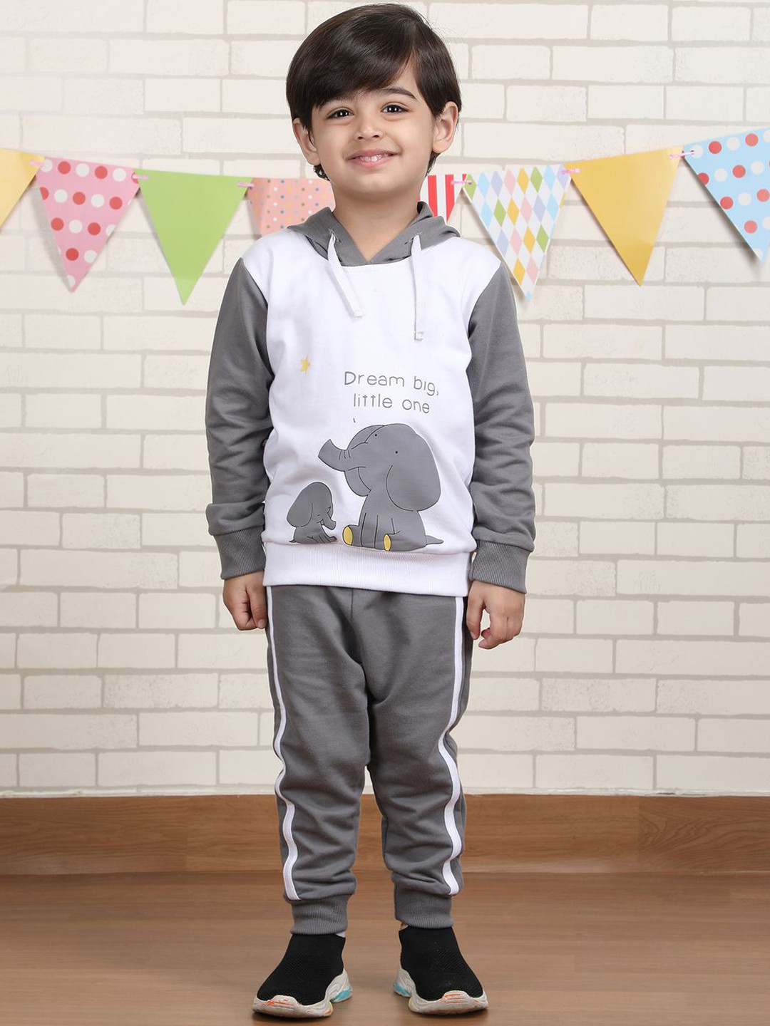 Polka Tots Boys Elephant Printed Hooded Neck Pure Cotton Sweatshirt With Joggers
