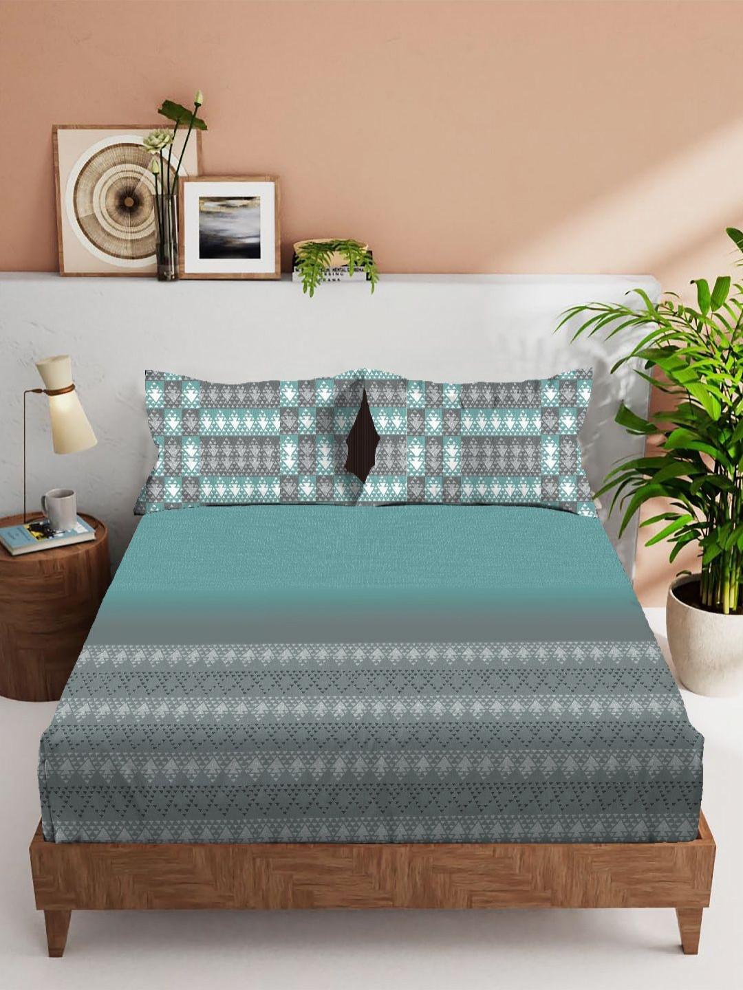 VINTANA Crown Green Ethnic Motifs Cotton 210 TC King Fine Bedsheet with 2 Pillow Covers-108 x 108 inches