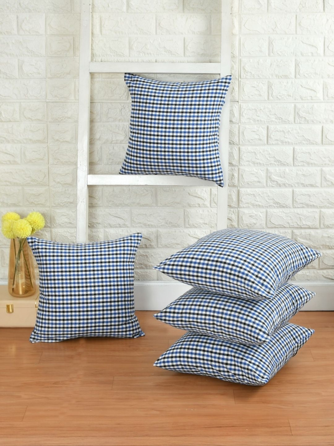 BIGGER FISH Blue Checked Cotton Breathable 5 Piece Square Cushion Covers -16x16In