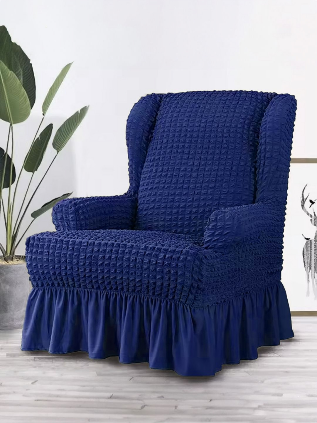 Myntra Elegant Homes Blue Bubble Stretchable Wing Chair Cover With Arms