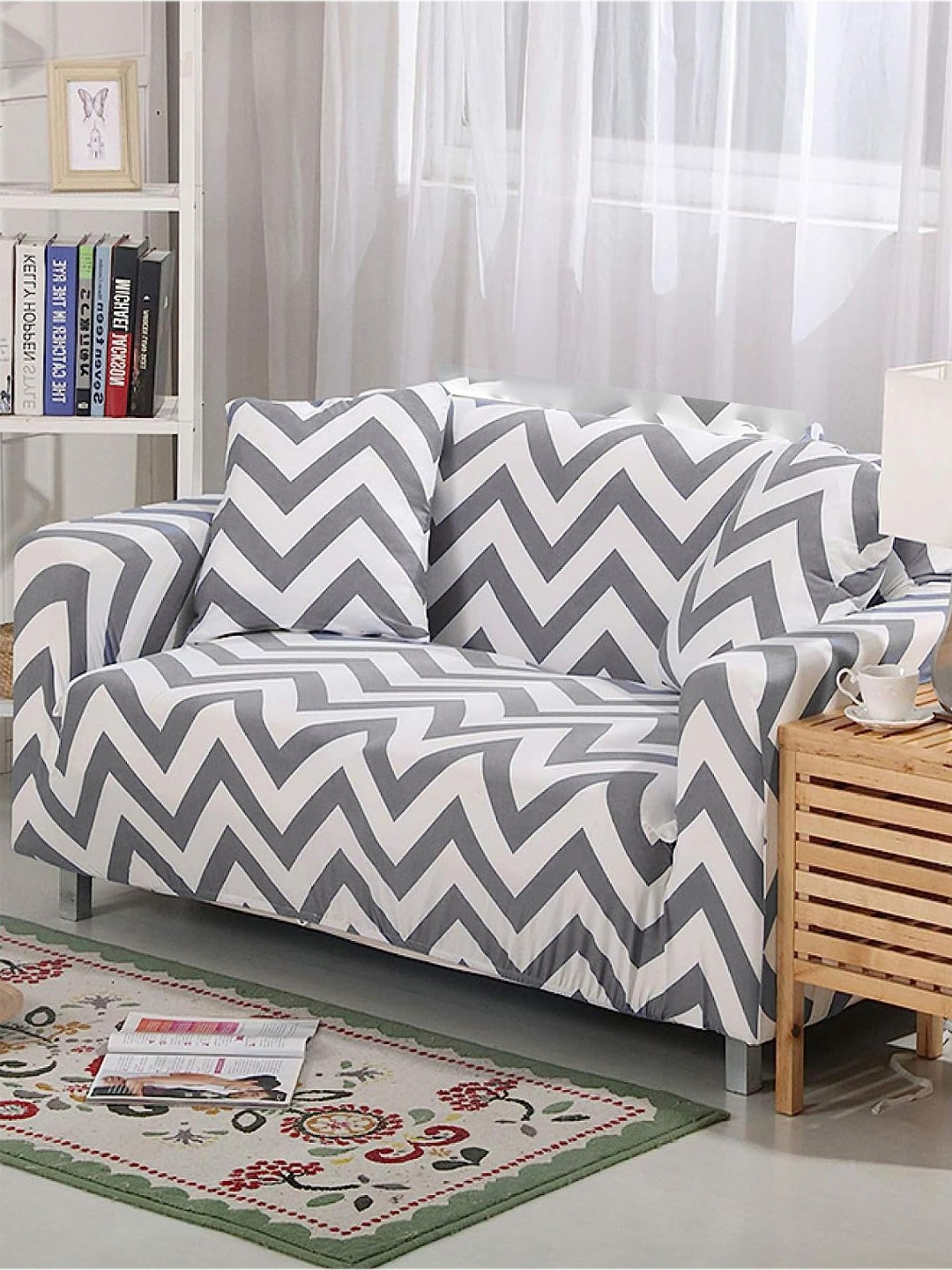 HOUSE OF QUIRK Three Seater Grey & White Striped Polyester Sofa Cover With Arms