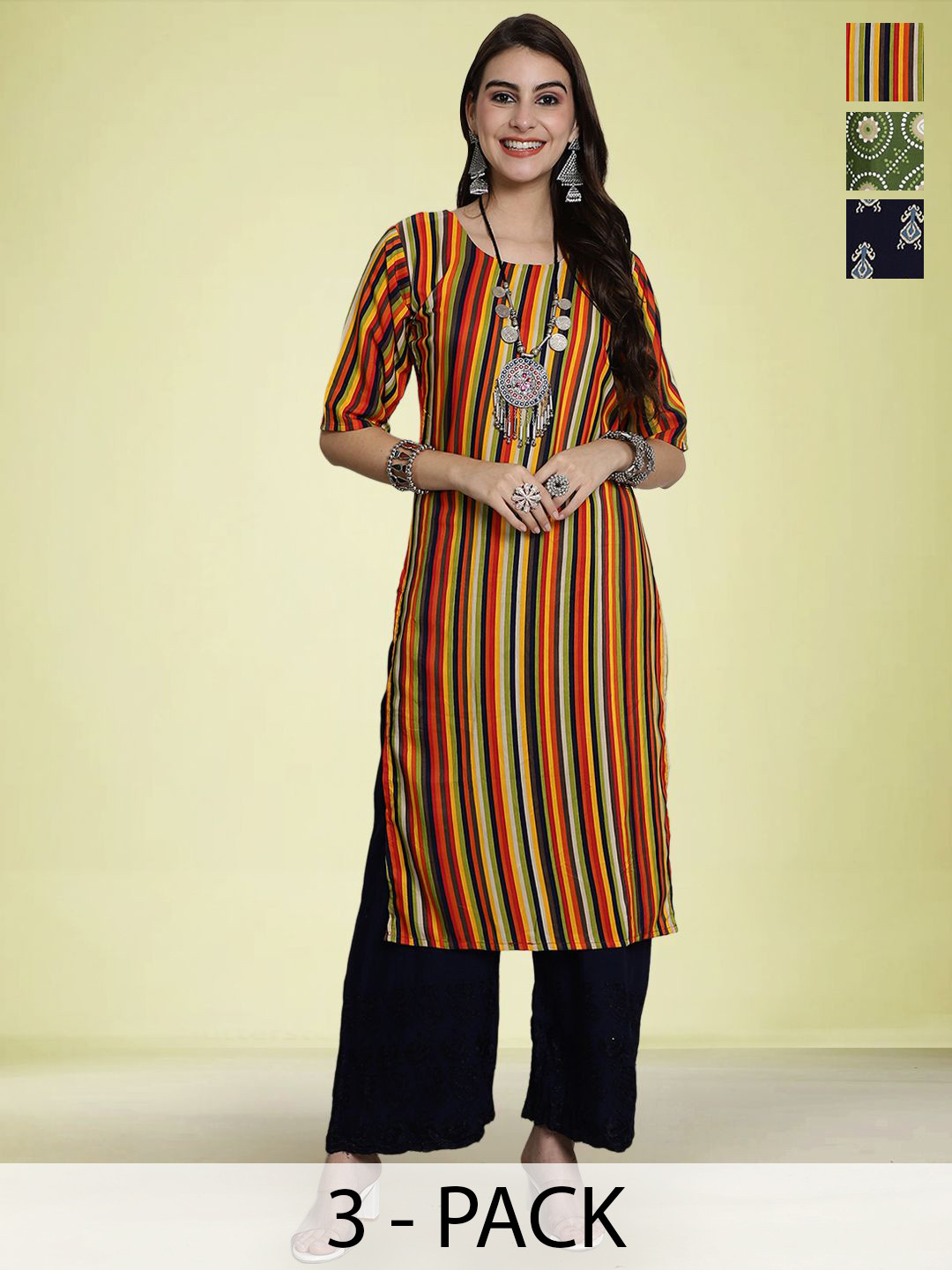 Moda Rapido Selection Of 3 Sriped Round Neck Straight Kurtas