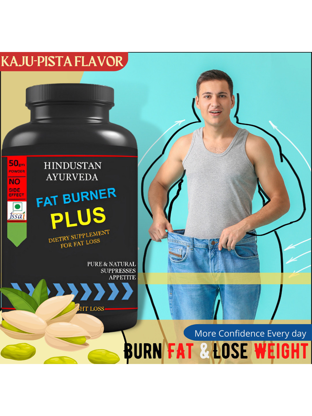 HINDUSTAN AYURVEDA Fat Burner Plus Ayurvedic Kaju Pista Flavour Powder - 50 g