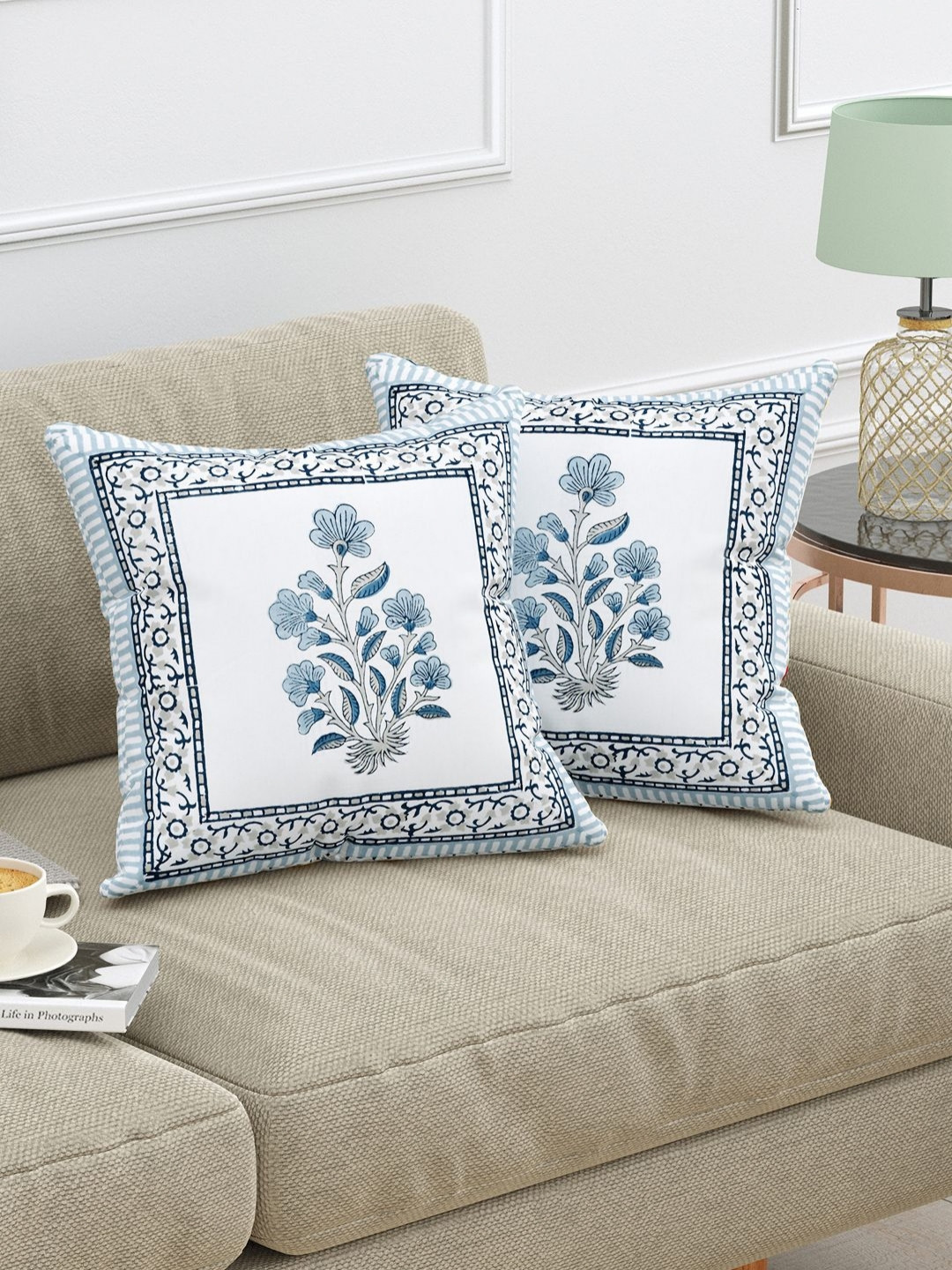 BLOCKS OF INDIA Reversible Floral Cotton Reversible 2 Pcs Cushion Covers - 16 x 16 In