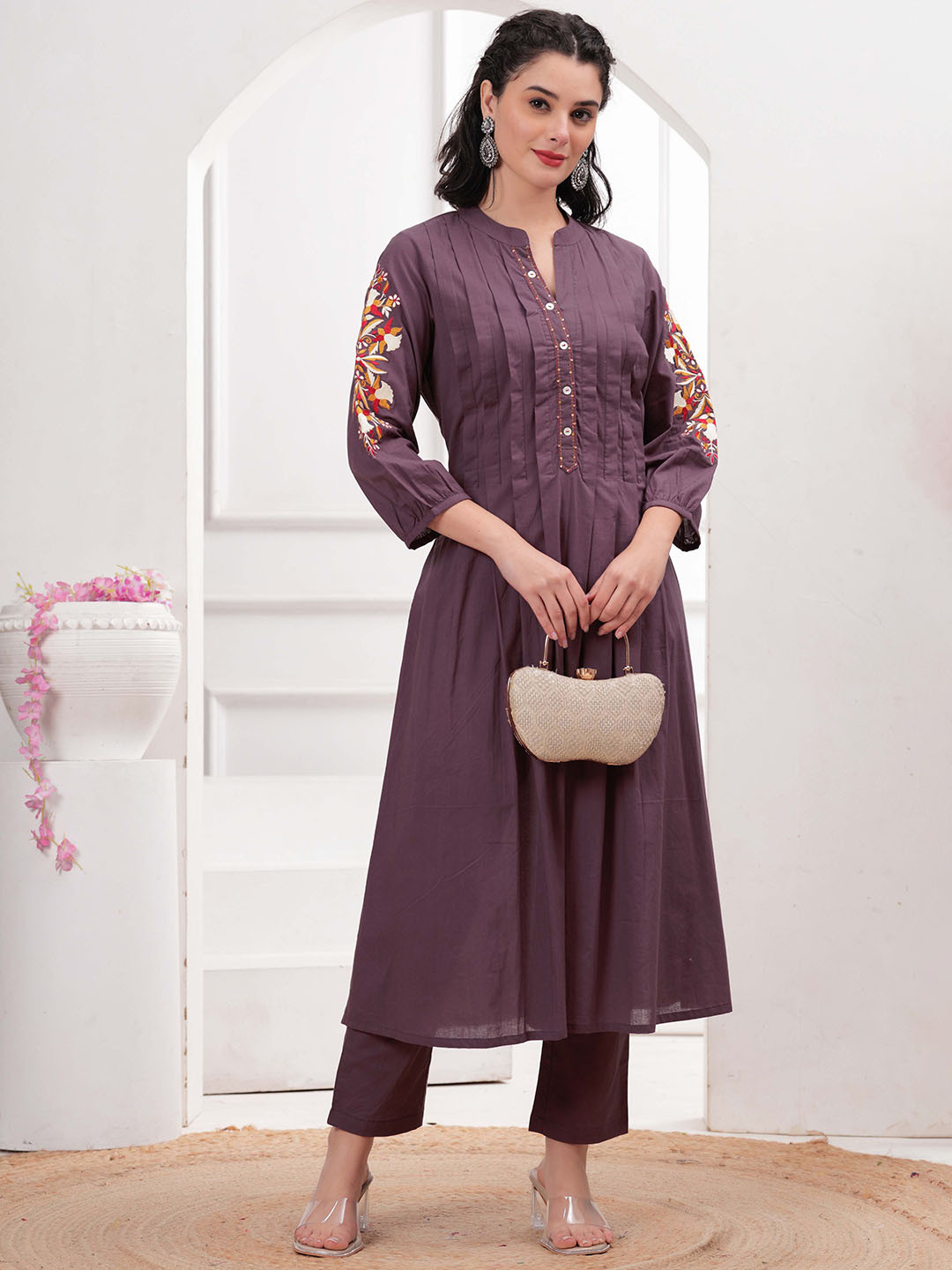 Karaveera Women Floral Pleated Thread Work Pure Cotton Kurta with Trousers