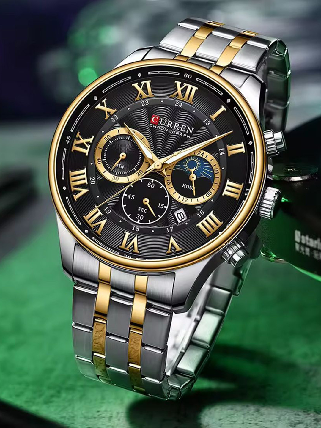 Curren Men Brass Dial & Stainless Steel Bracelet Style Straps Analogue Watch CR-8427-TT-Black