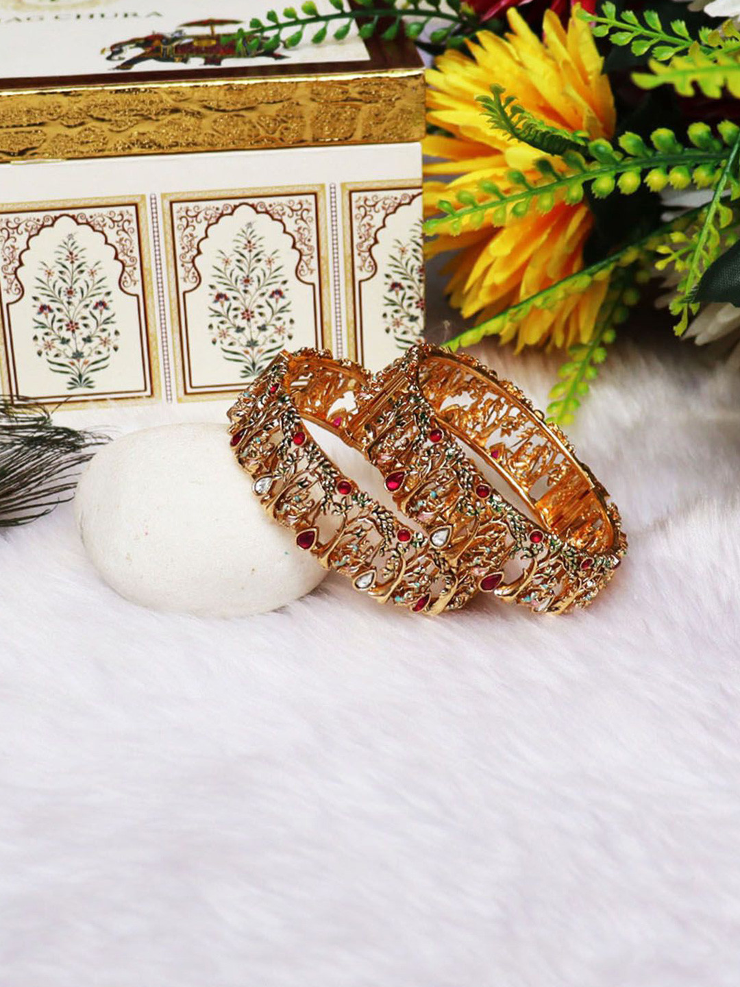 TAJ BRIDAL STORE Gold-Plated Stone Studded Kada Bracelet