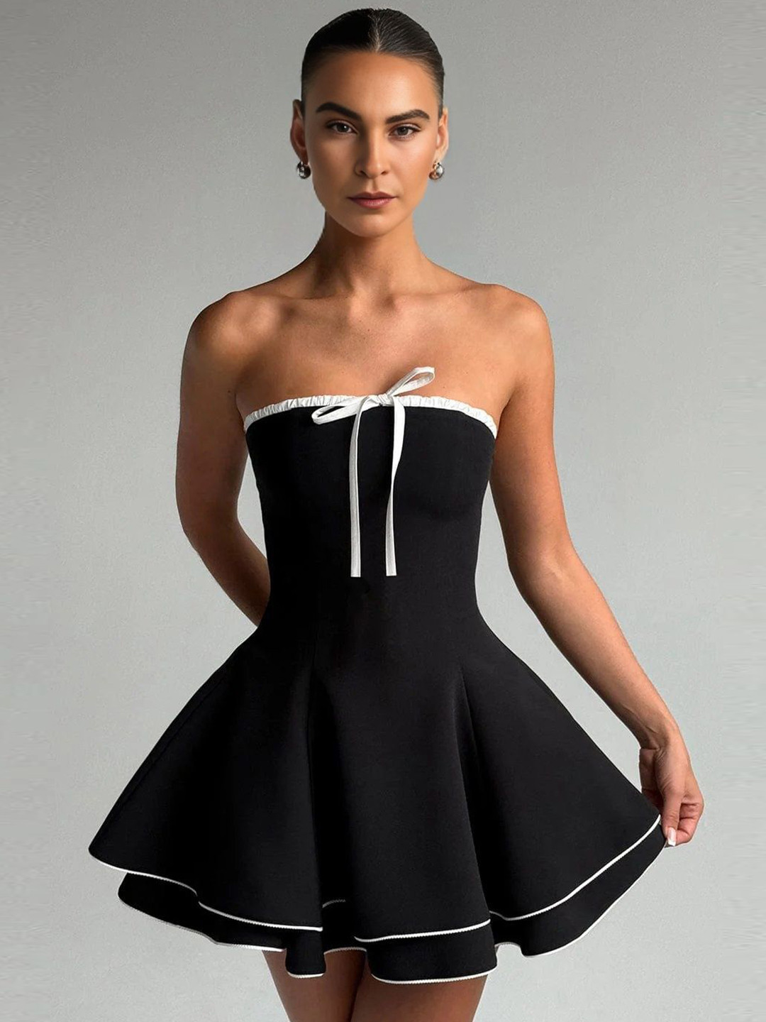 Bee Boe Off-Shoulder Satin Fit & Flare Monochrome Charm Bandeau Mini Dress