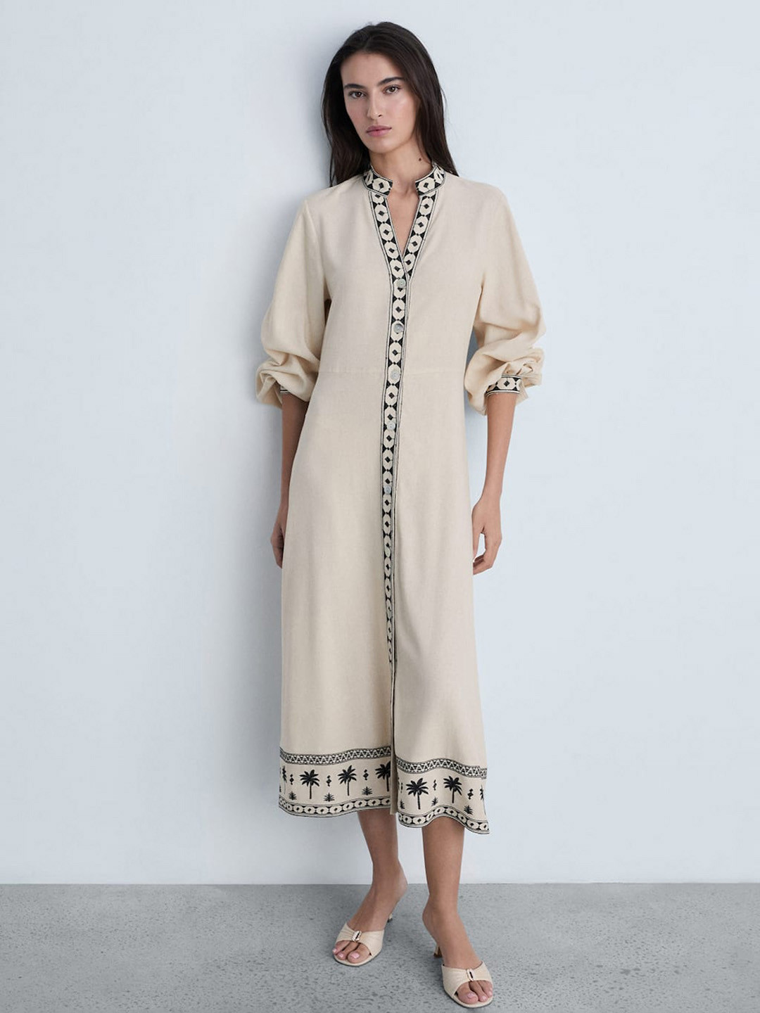 MANGO Embroidered Puff Sleeve A-Line Midi Dress